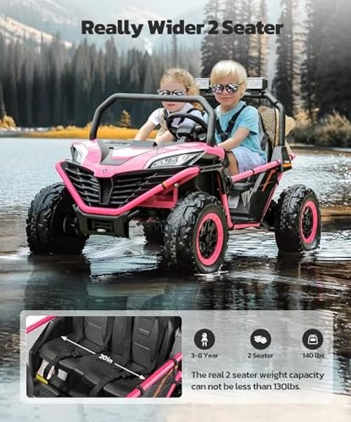 24V Ride on Car for Kids, 2 Seater XL 20″ Seat Ride on Toy, 10AH 4WD Pink