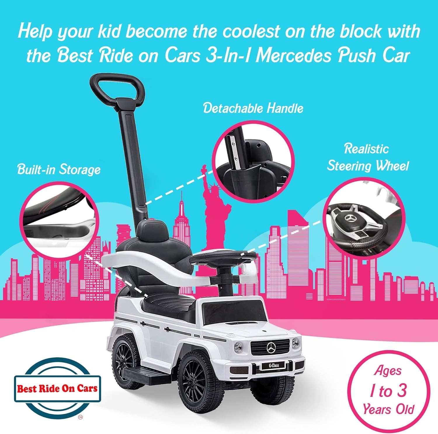 Versatile 3-in-1 Toddler Push Car: Mercedes G-Wagon Stroller with Music