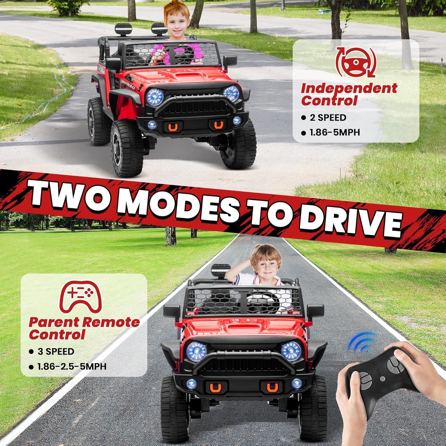 4WD 2WD Switchable 2-Seater Ride On Truck 800W RC 3-Speed Spring Suspension Blue