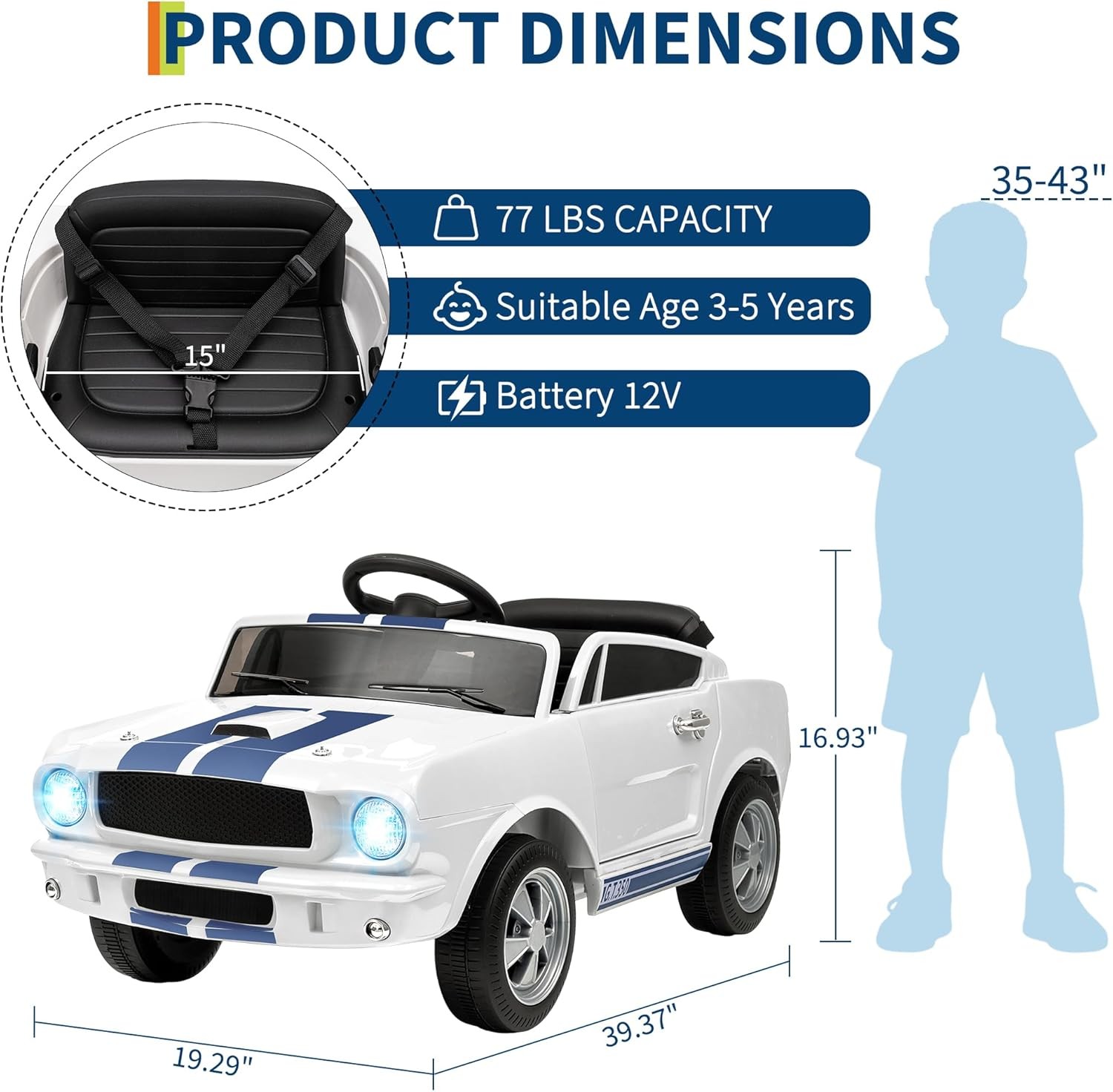 12V Electric Ride On Car for Kids, Remote Control, LED, Music, 3 Speeds, Safety
