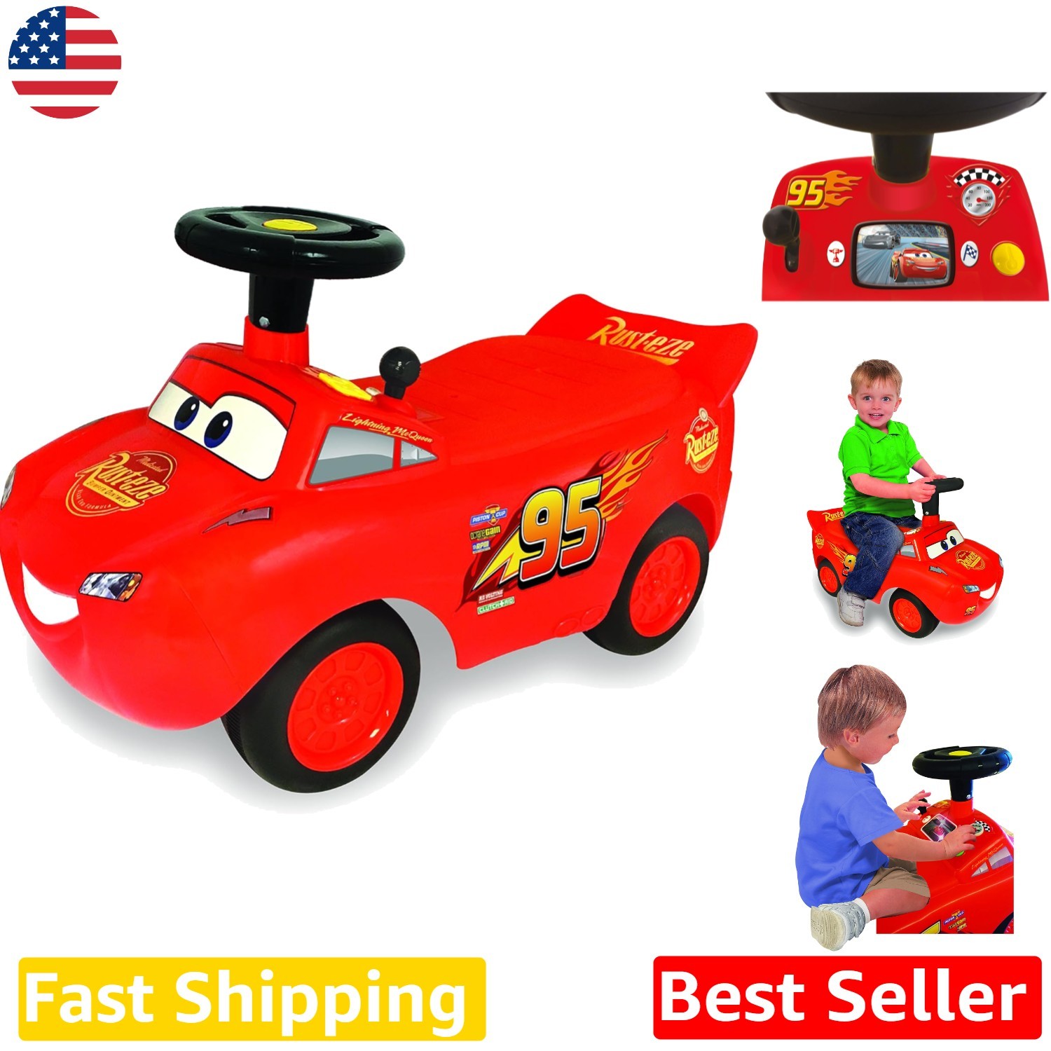 Interactive Lightning McQueen Ride-On – Engine Sounds, Music, Flashing Lights