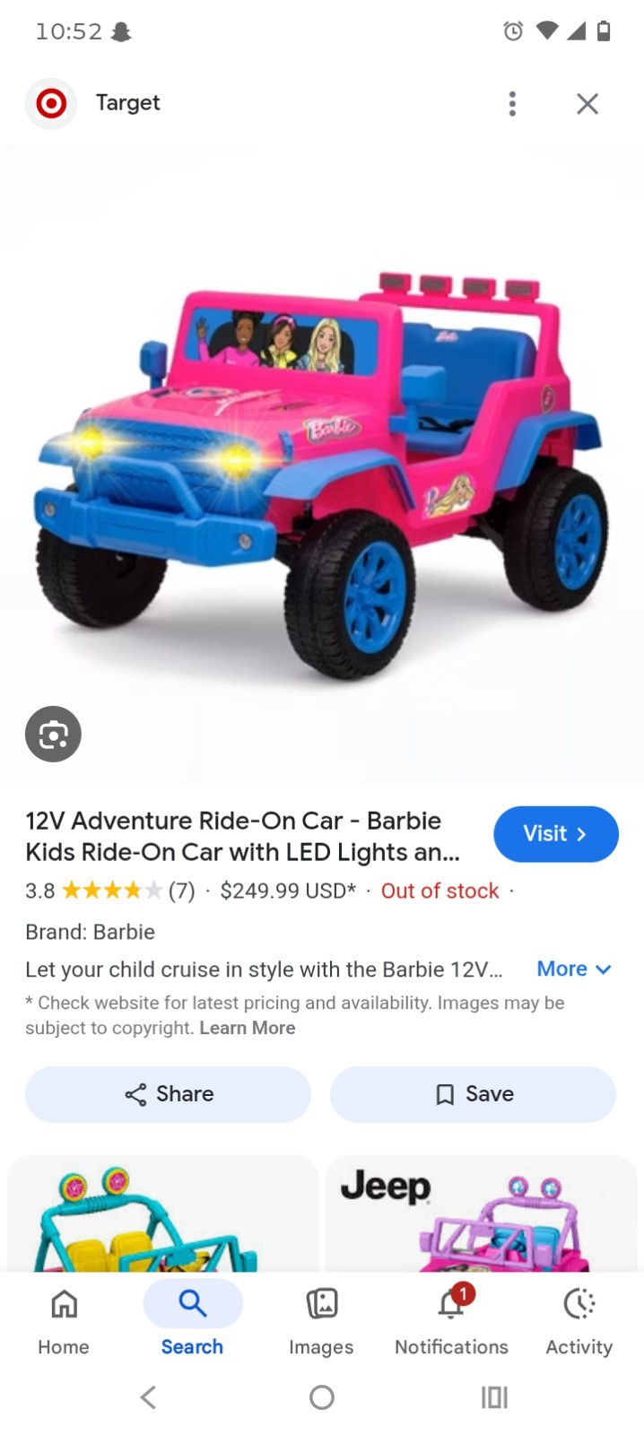 Barbie 12V 4-Wheeler Ride-On Car Pink with LED Lights for Kids