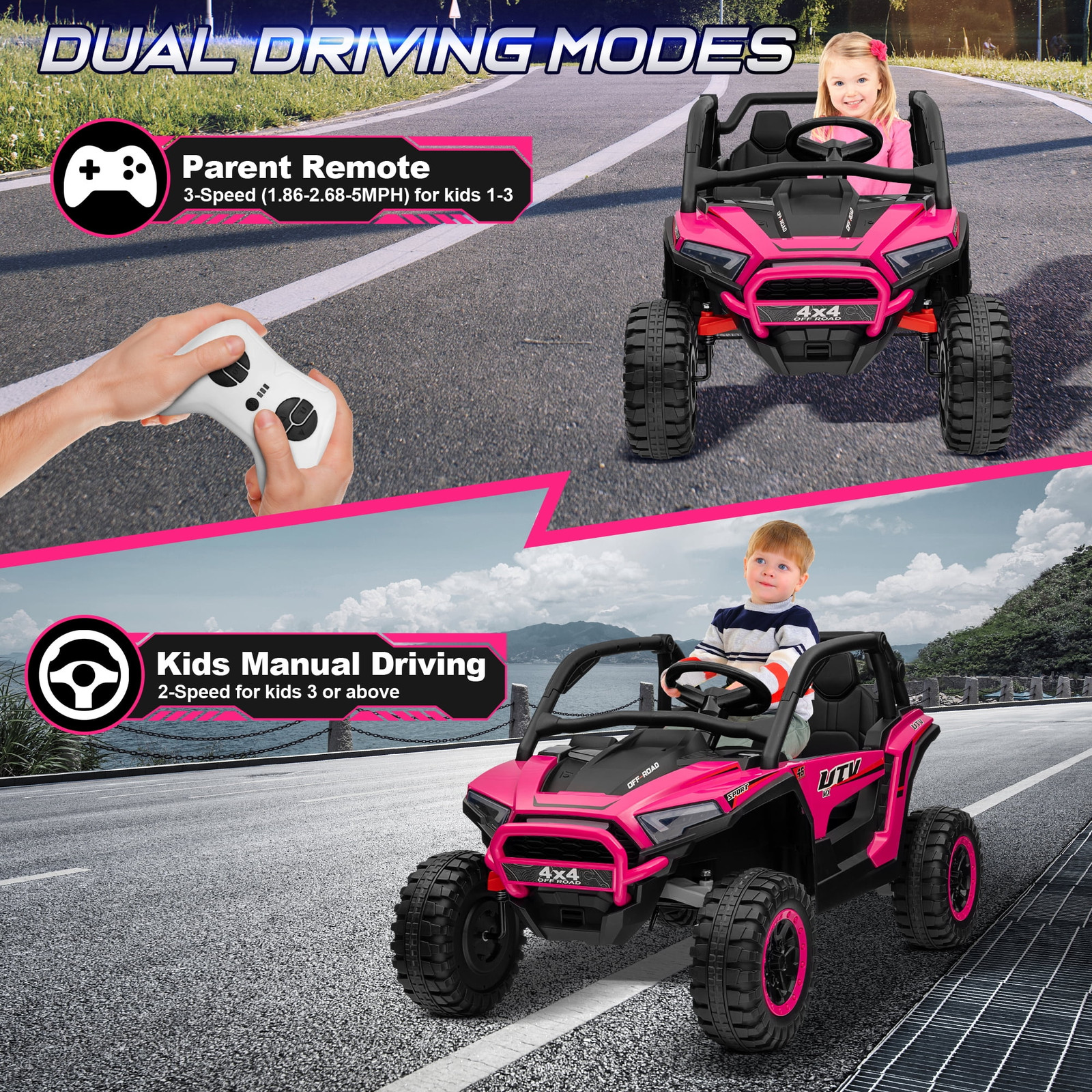 4WD 24V Ride on Toys for Kids with Remote Control, 2 Seater Electric Vehicle wi