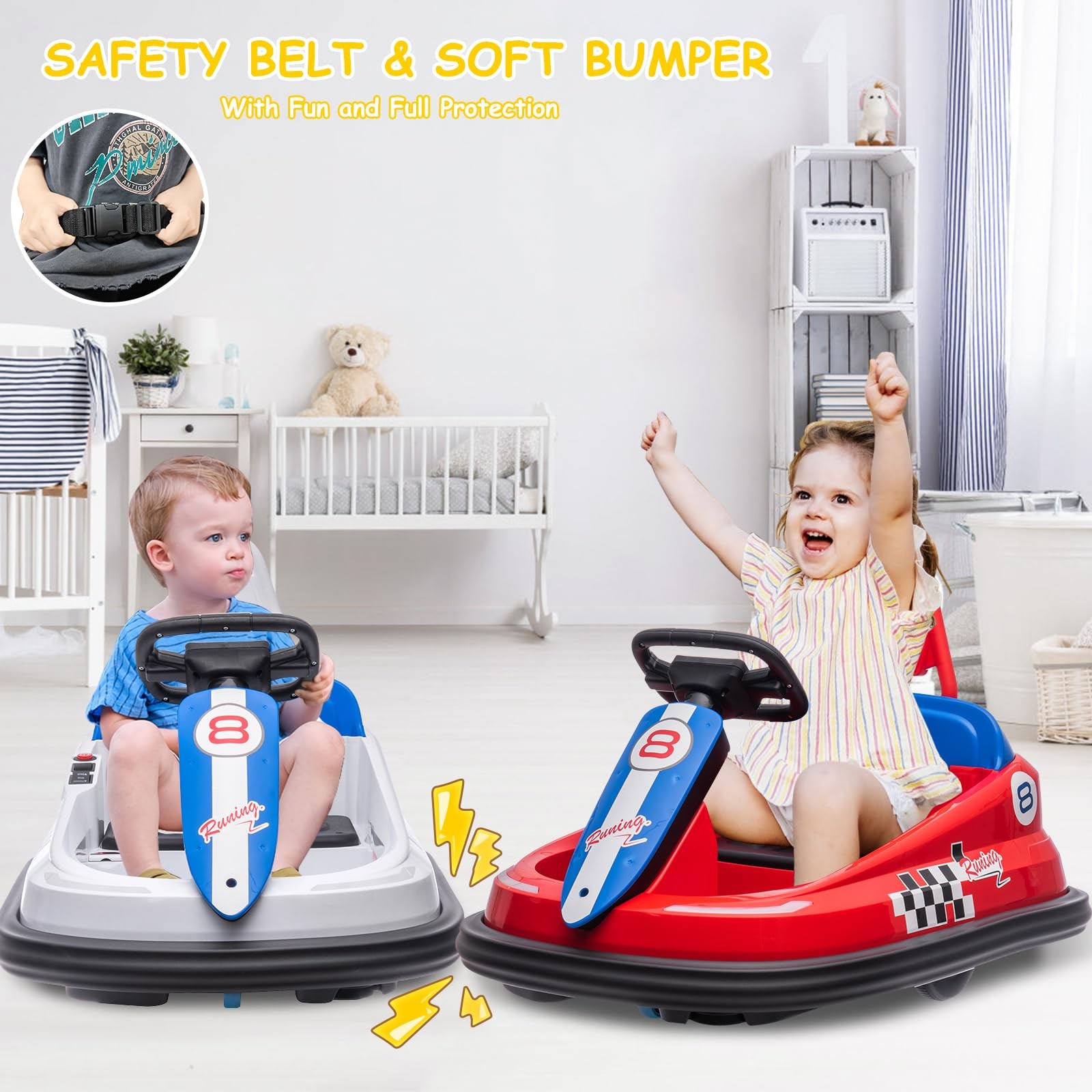 6V Kids Electric Bumper Car for Toddlers, Spin 360°, Forward/Reverse Music