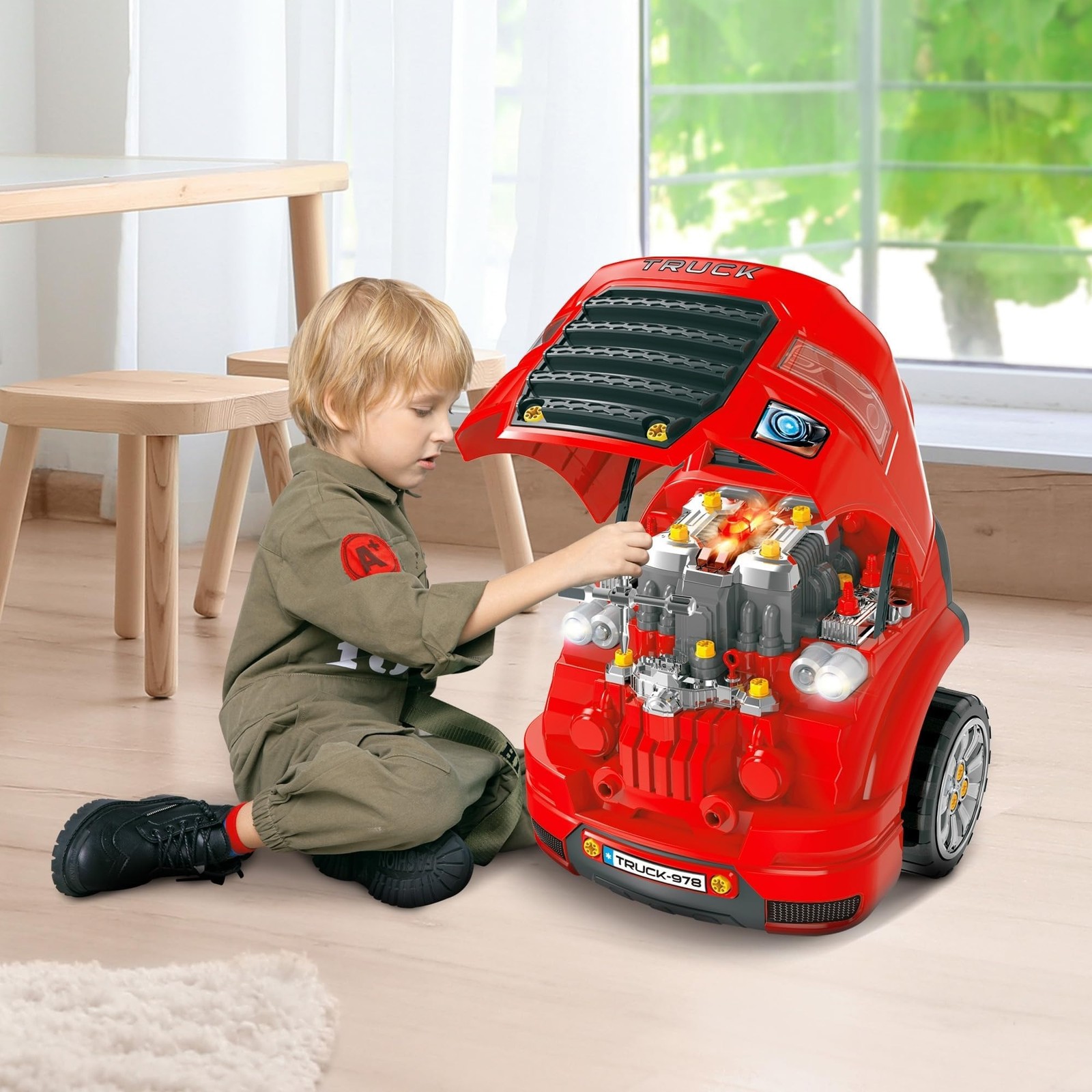 Qaba Truck Engine Toy, Kids Mechanic Set with Lights, Sounds, Steering Wheel …