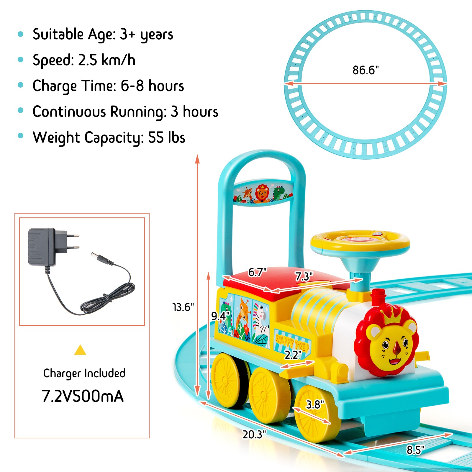 6V Electric Kids Motorized Train Toy with Unique Train Outlook & Stickers Blue