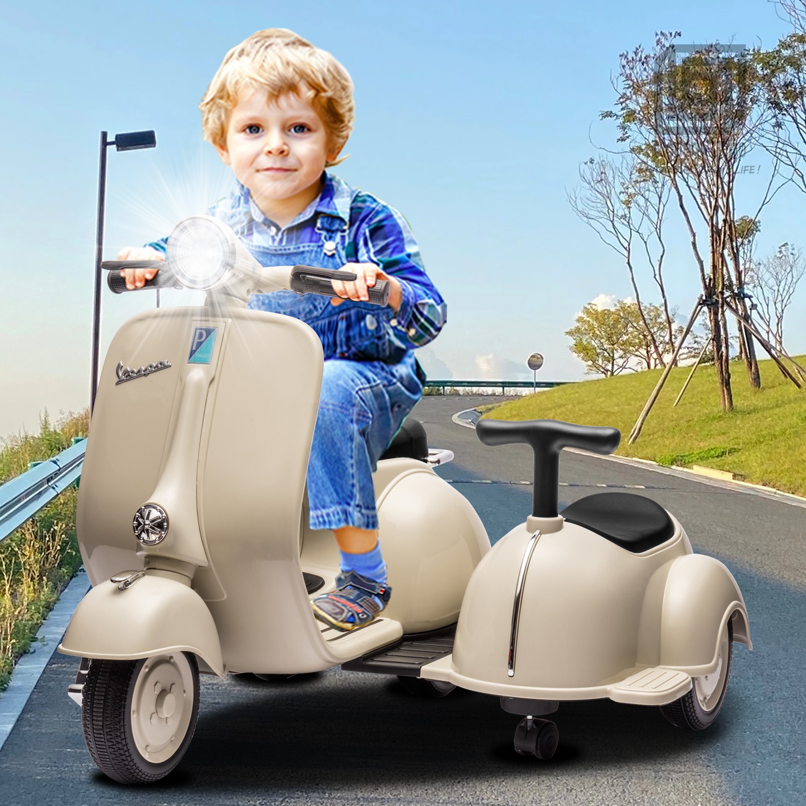 Licensed Vespa Kids Ride On Car Motorcycle w/ Side Car&Light, 2 Seater Toy Car