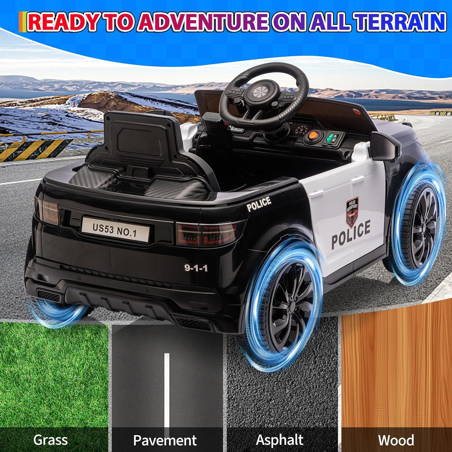 Electric Cars for Kids, 12V Police Car Ride on Toy W/Remote Control, Speaker, Wa