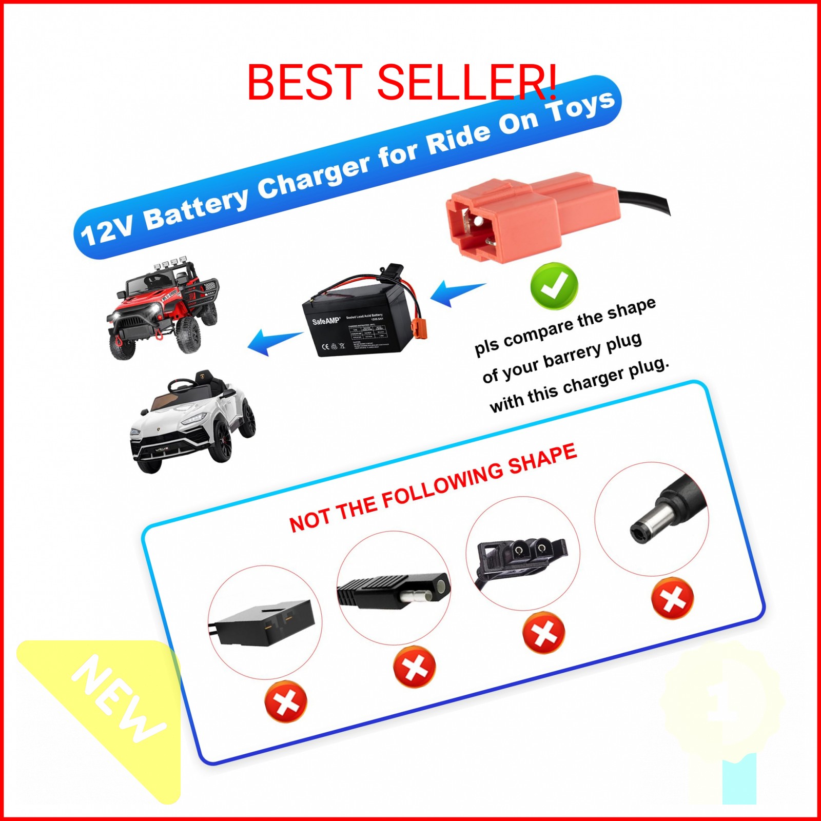 12V Battery Charger for Kids Ride On Toys, 12V Kids Ride On Car Charger for Kid