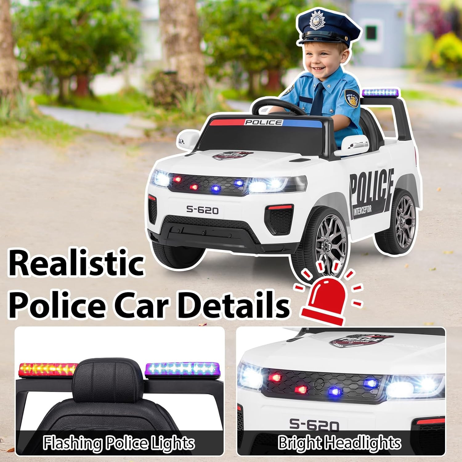 Ride on Police Car, 12V Kids Battery Powered Electric Vehicle with Siren, Flashi