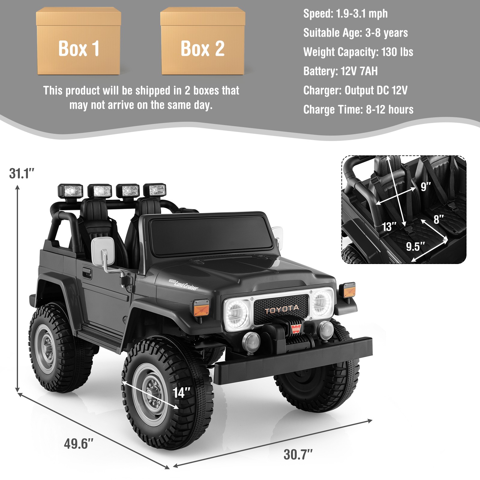 2 Seater Ride On Truck Car 12V Licensed Toyota FJ40 RC w/ Laser Light & Music