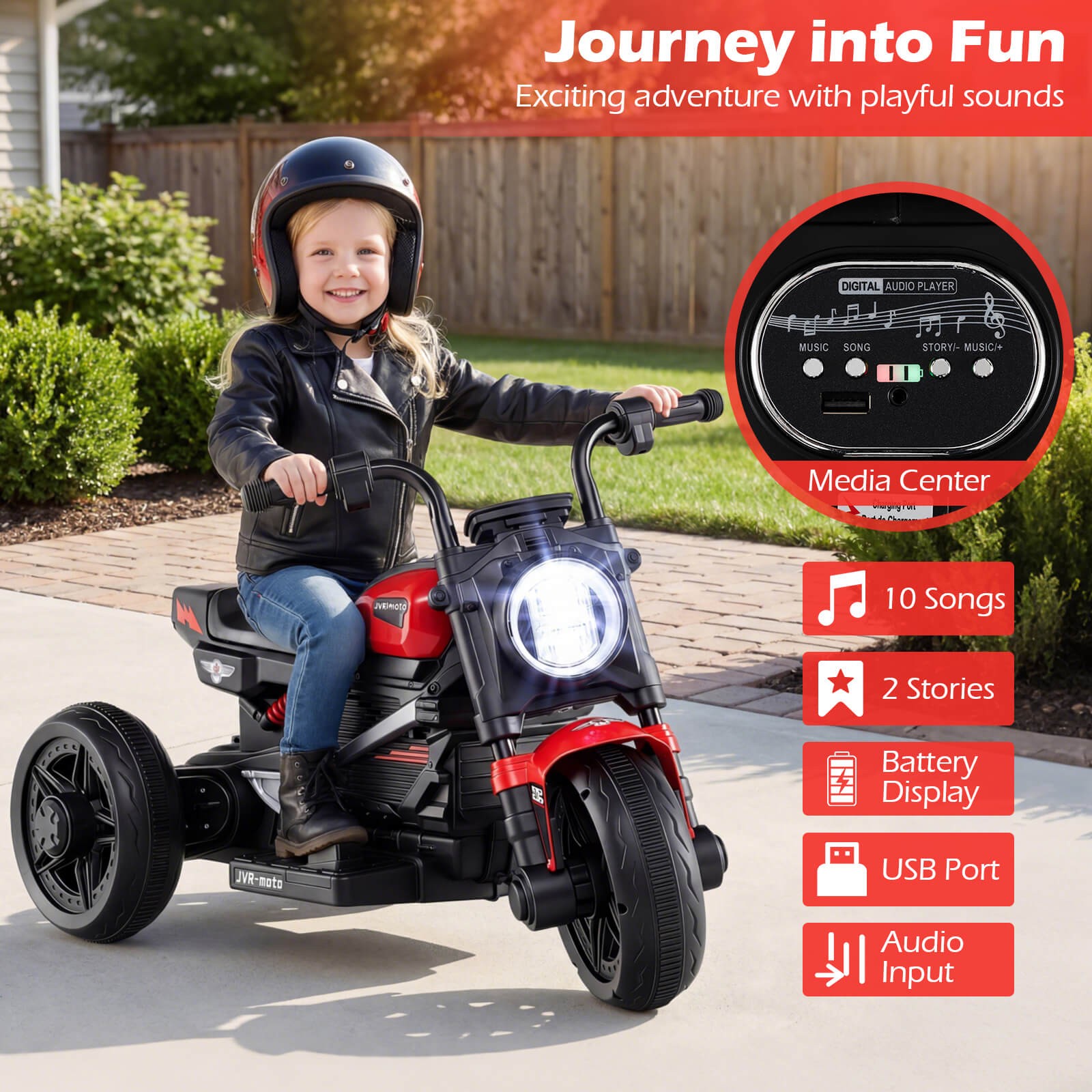 6V Kids Motorcycle w/Song,Story,LED Headlights,Accelerator Pedal & 3 Wheels,Red