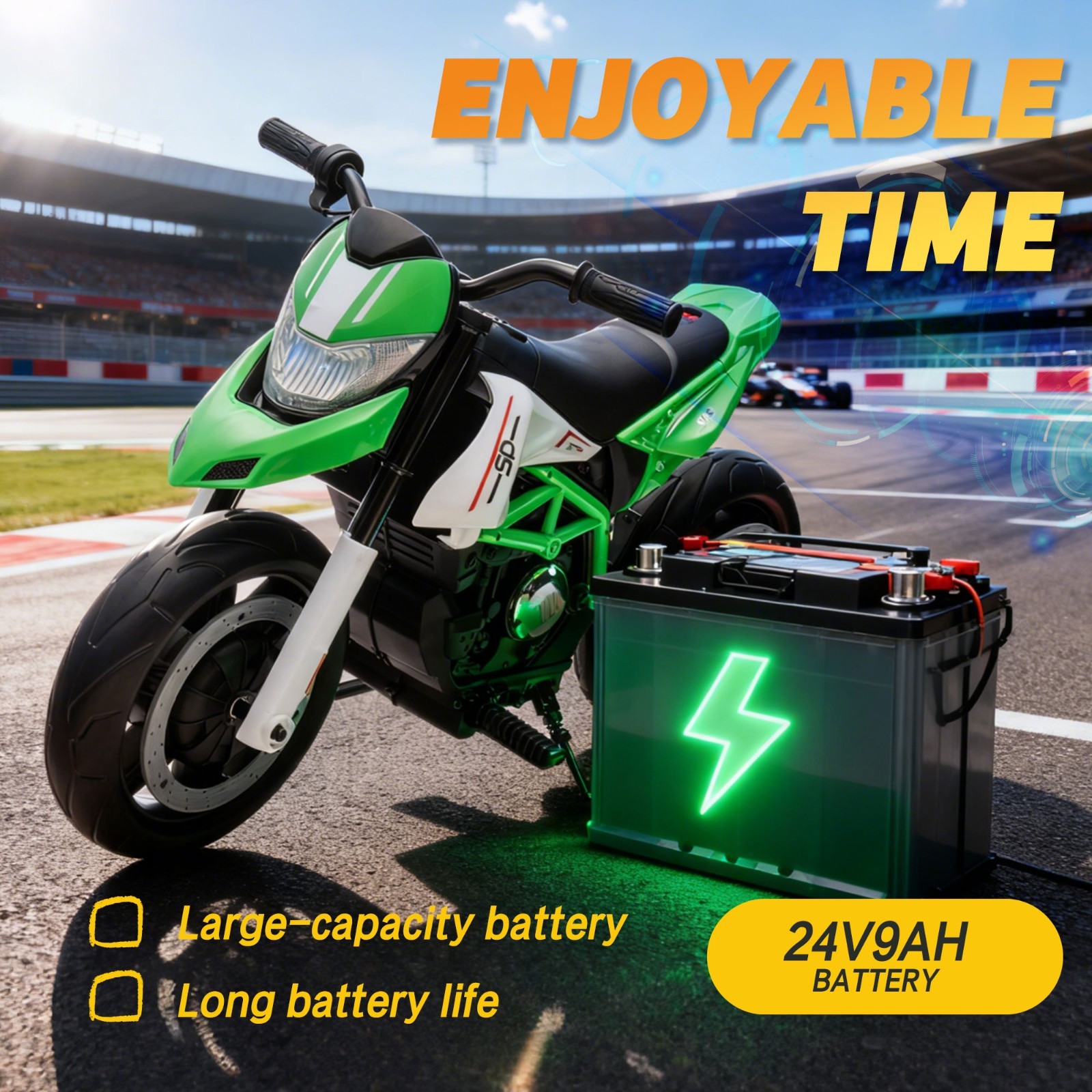 24V Kids Electric Motorcycle Ride On Toys Electric Bike for age 8+, Green