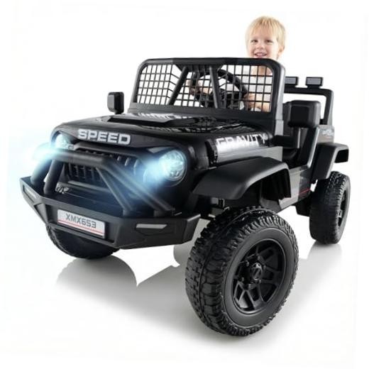 Black 24V Ride-On Car with Bluetooth, LED Lights, Horn, Spring Black