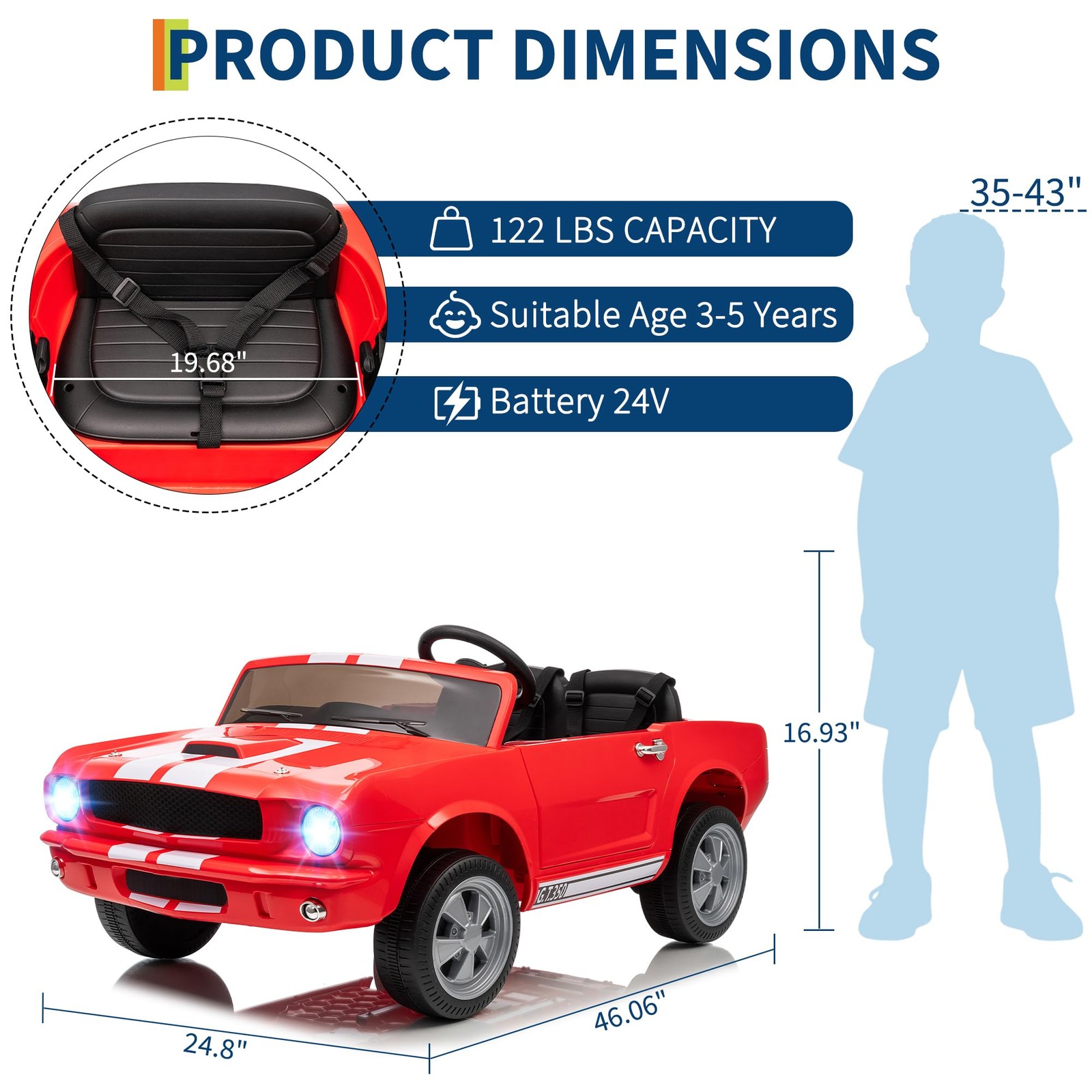 2-Seater Ride on Car Licensed Shelby GT350 24V Electric Vehicle with Remote