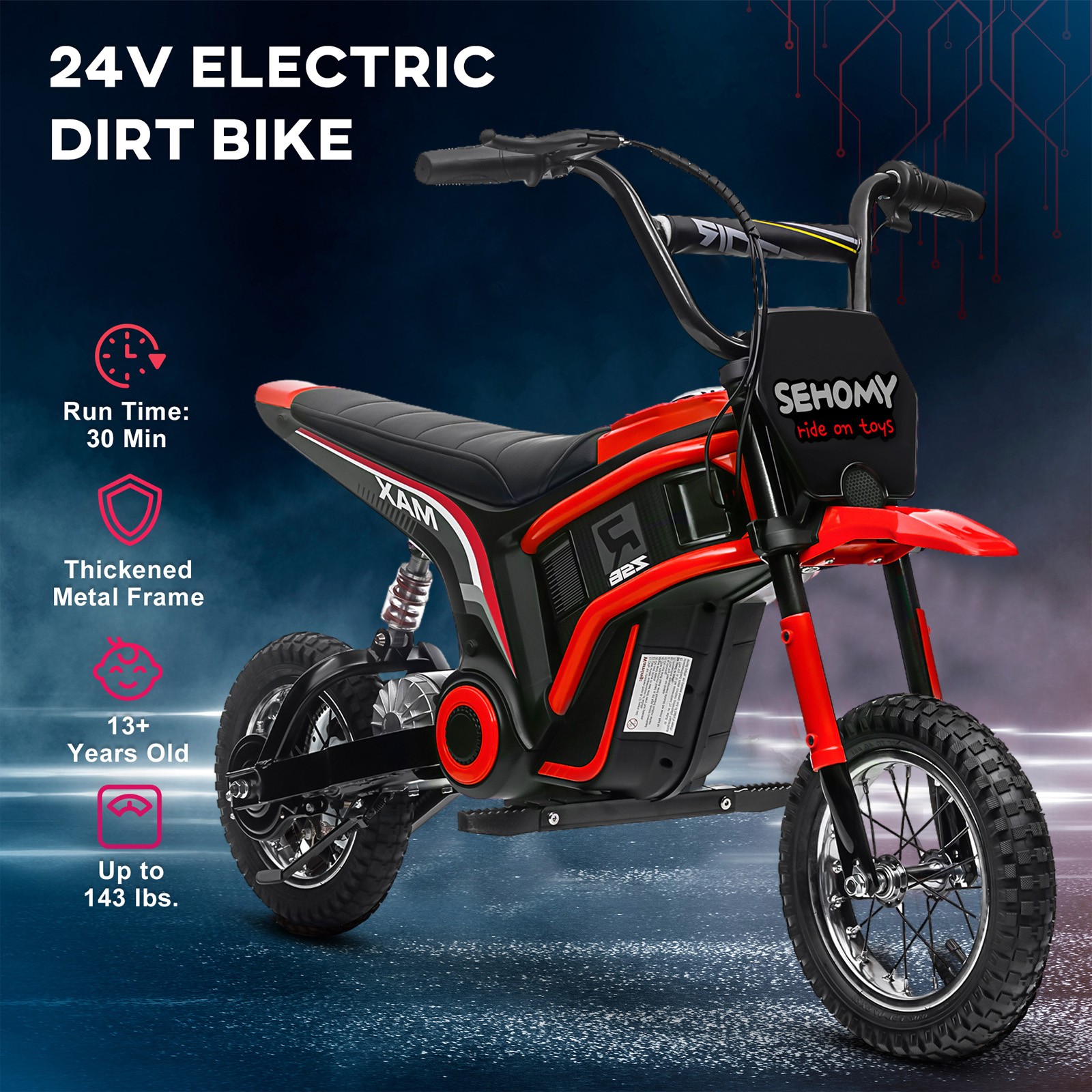 24V 350W Electric Dirt Bike Off-Road Electric Motorcycle Red for Kids 8-12 Years