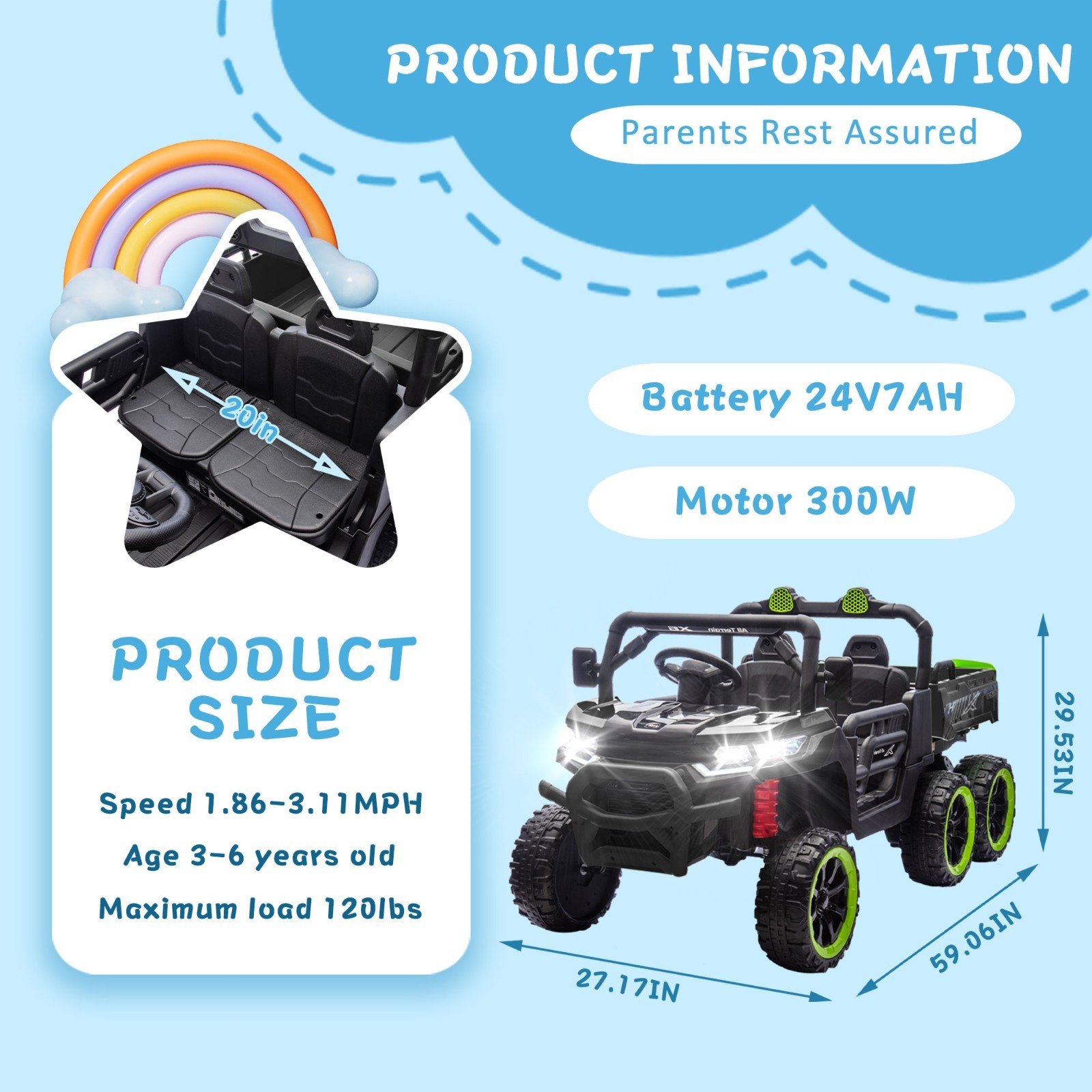 24V Kids Ride on Toy Electric Dump Truck 2 Seater Power Wheels UTV w/Remote,LED