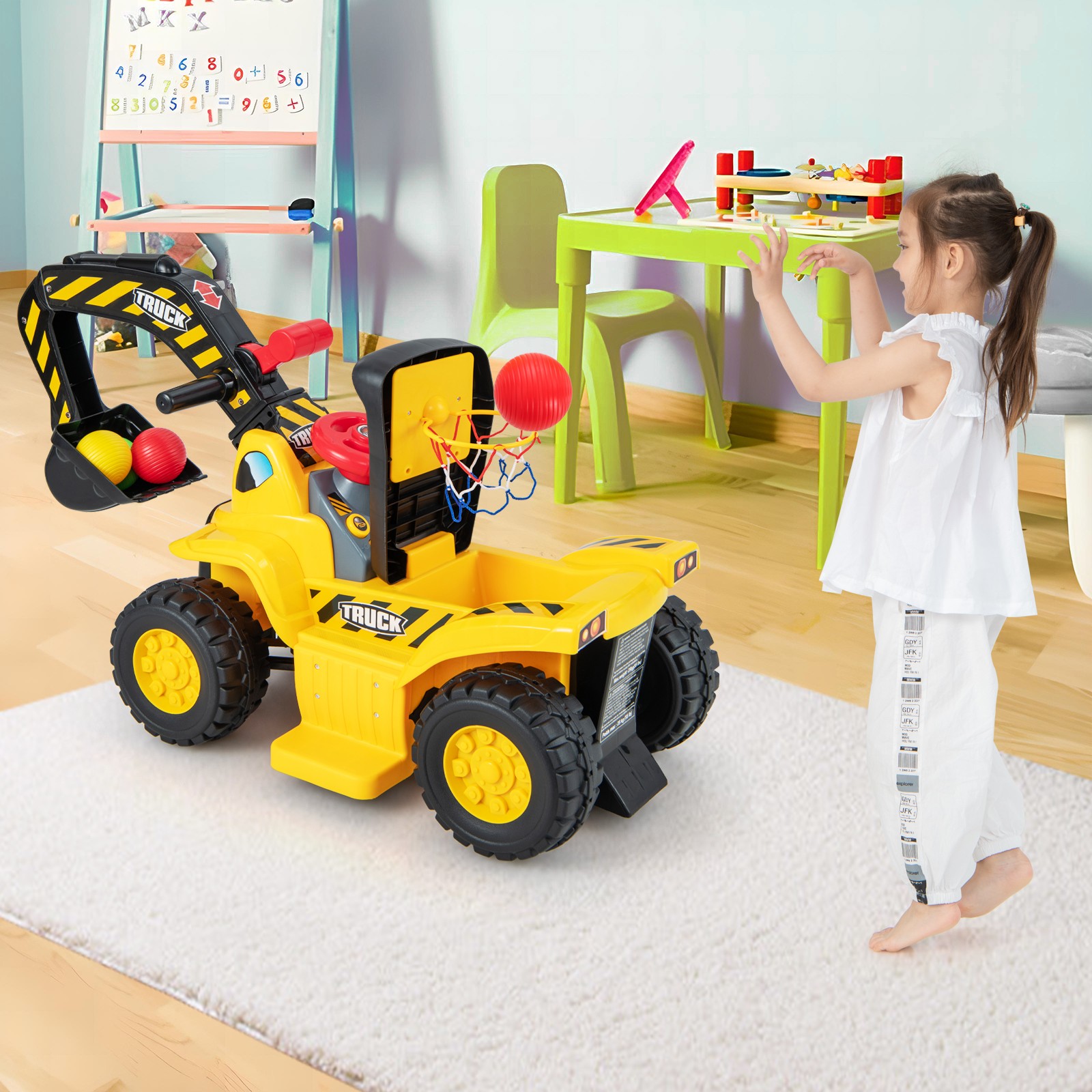 Kids Ride On Excavator 6V Electric Pretend Play Tractor Toy with Basketball Hoop