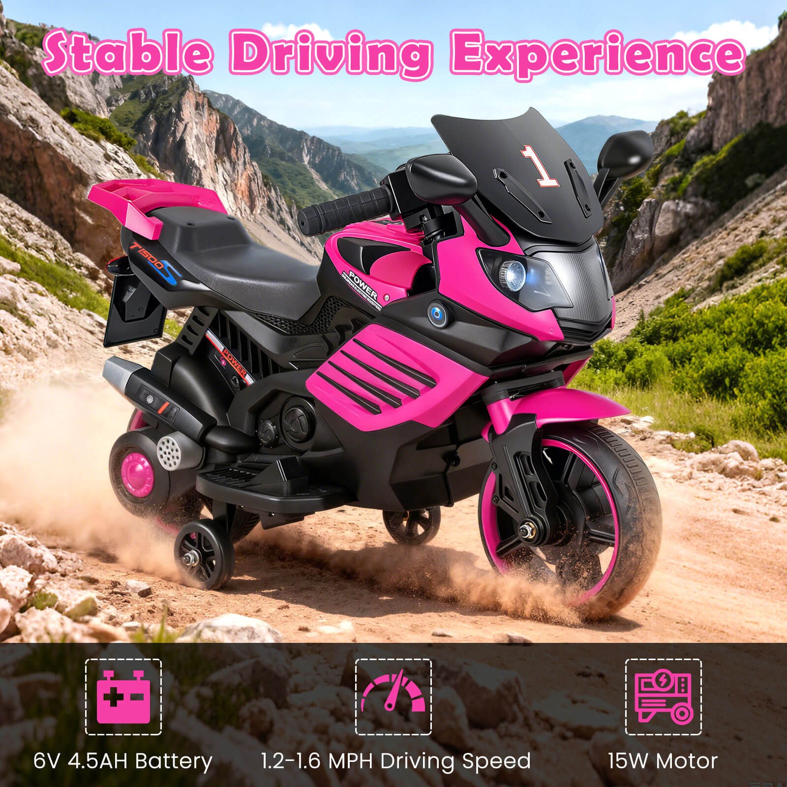 6V Kids Motorcycle w/Music, Horn, Detachable Training Wheels & LED Headlights