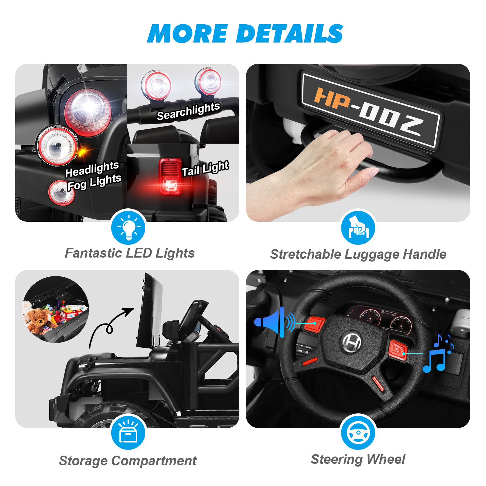 12V Battery 3 Speeds Kids Black Ride On Car Truck w/ RC+MP3+LED Light+USB+Cover