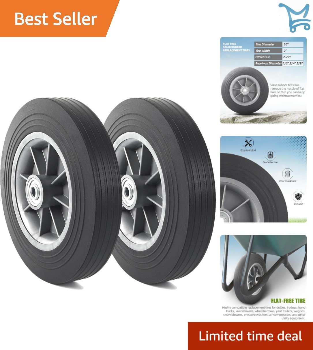 2-Pack 10×2 Flat Free Solid Rubber Tires for Dolly Hand Trucks Wheelbarrows
