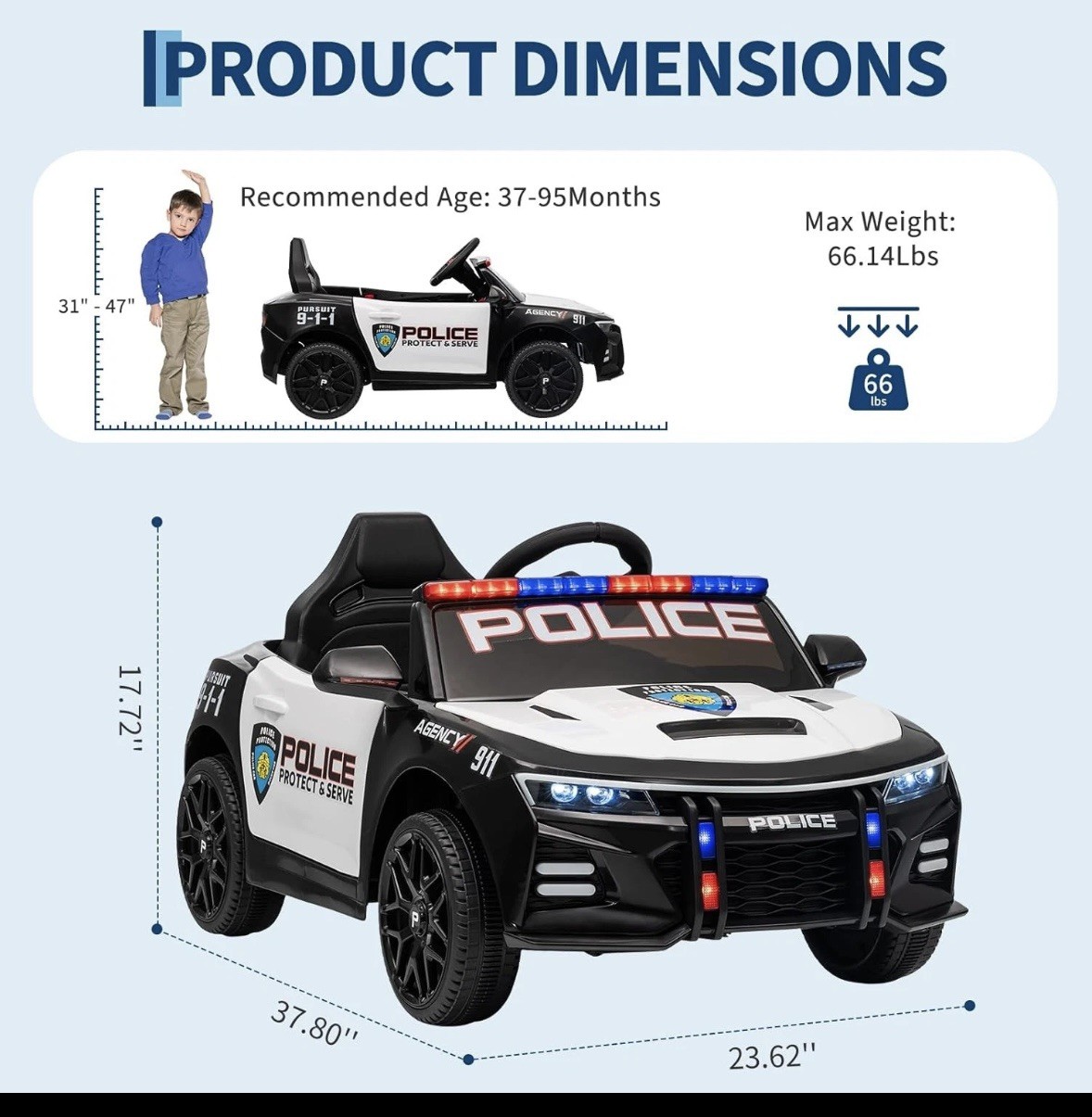 Police Car Ride on Electric Car for Kids,Battery Powered Ride-on Toys Cop Cars