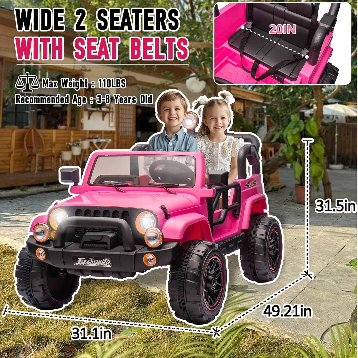 24V 2 Seaters Kids Ride on Truck Electric Car Toys with Remote 20in Width Seat