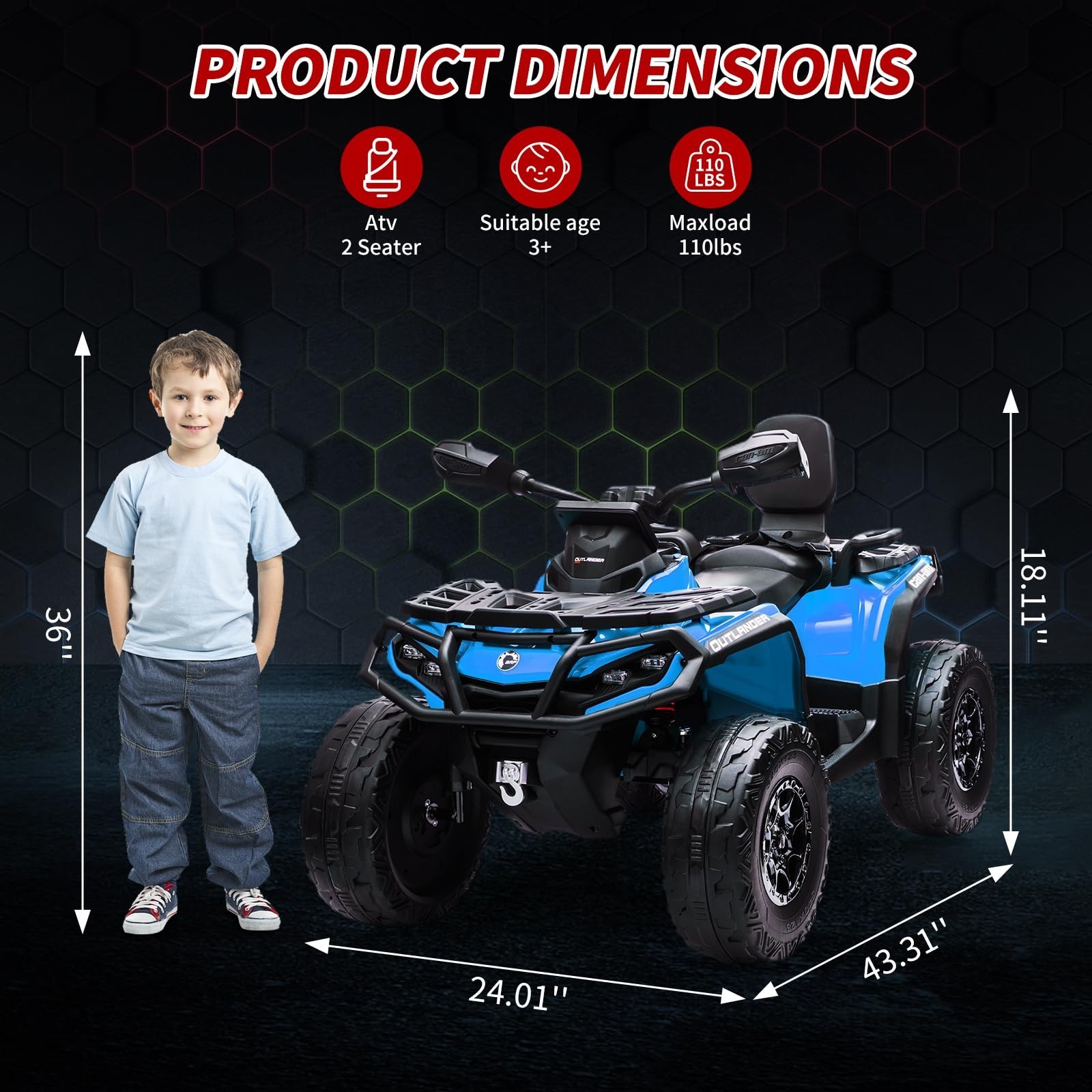 24V Kids Ride On Car Toy Car Electric ATV 2 Seaters Leather Seat LED Light Music