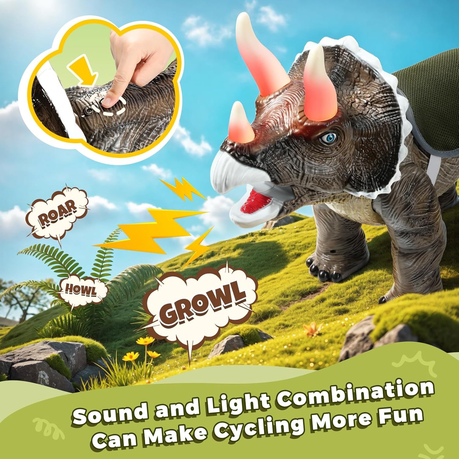 Dinosaur Ride on Toy Cars for Kids, Realistic Triceratops Push Car with Three So
