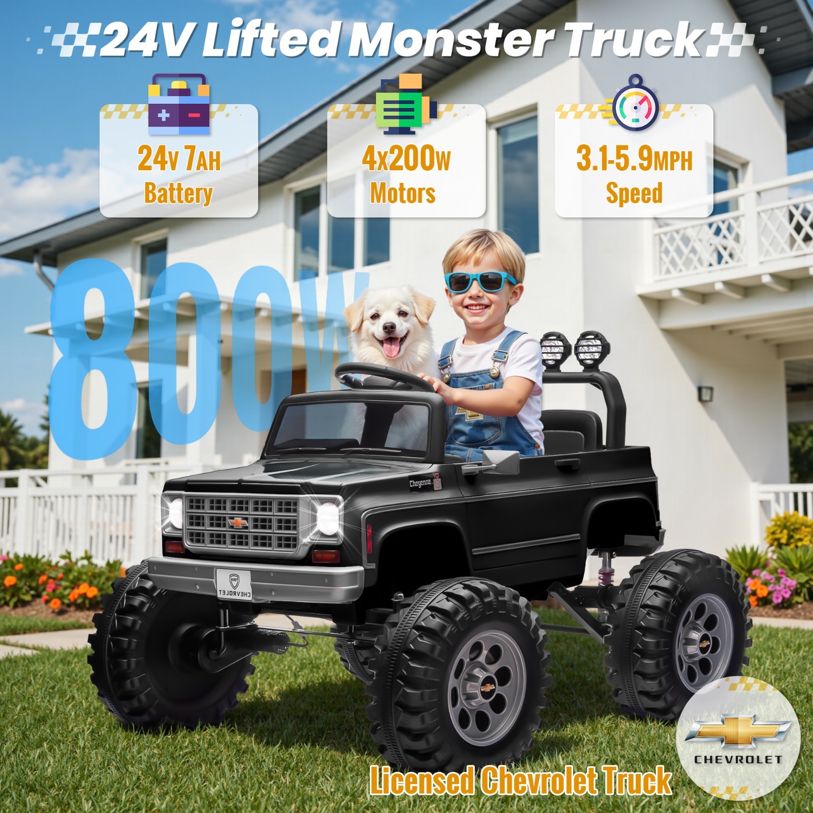 Kids Electric Ride On Truck Chevrolet Cheyenne 24V Remote Bluetooth LED Black