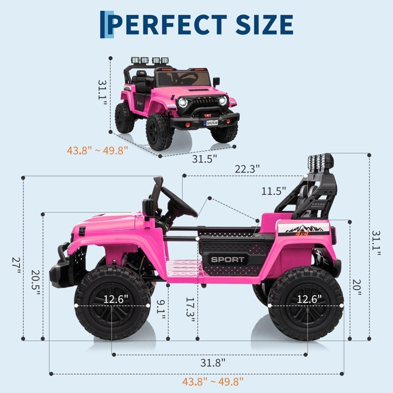 Garve 24V Electric Ride On Car for Kids, 4WD 20.5in 2-Seater – Pink