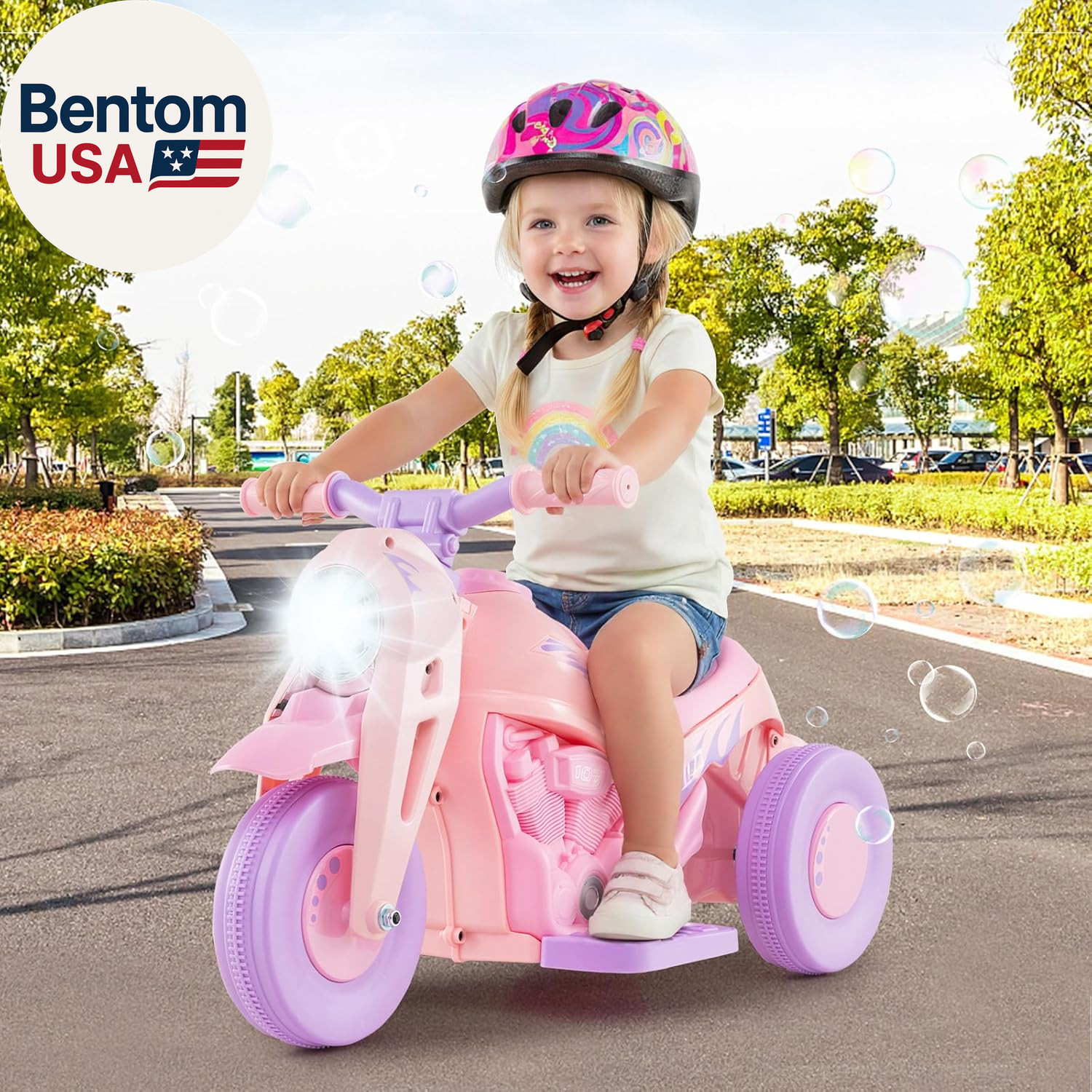 Kids Motorcycle, 6V Electric Ride on Car with Automatic Bubble Function, Foot Pe