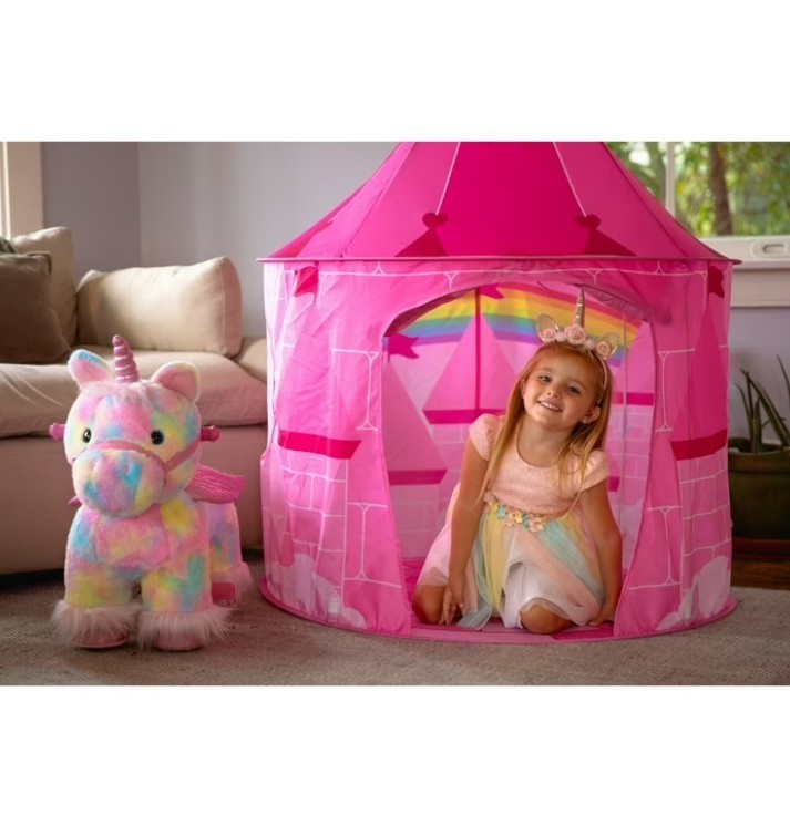 Dynacraft Unicorn 6V Plush Ride-On, Ages 18 Months-3 Years,With Pink Castle Tent