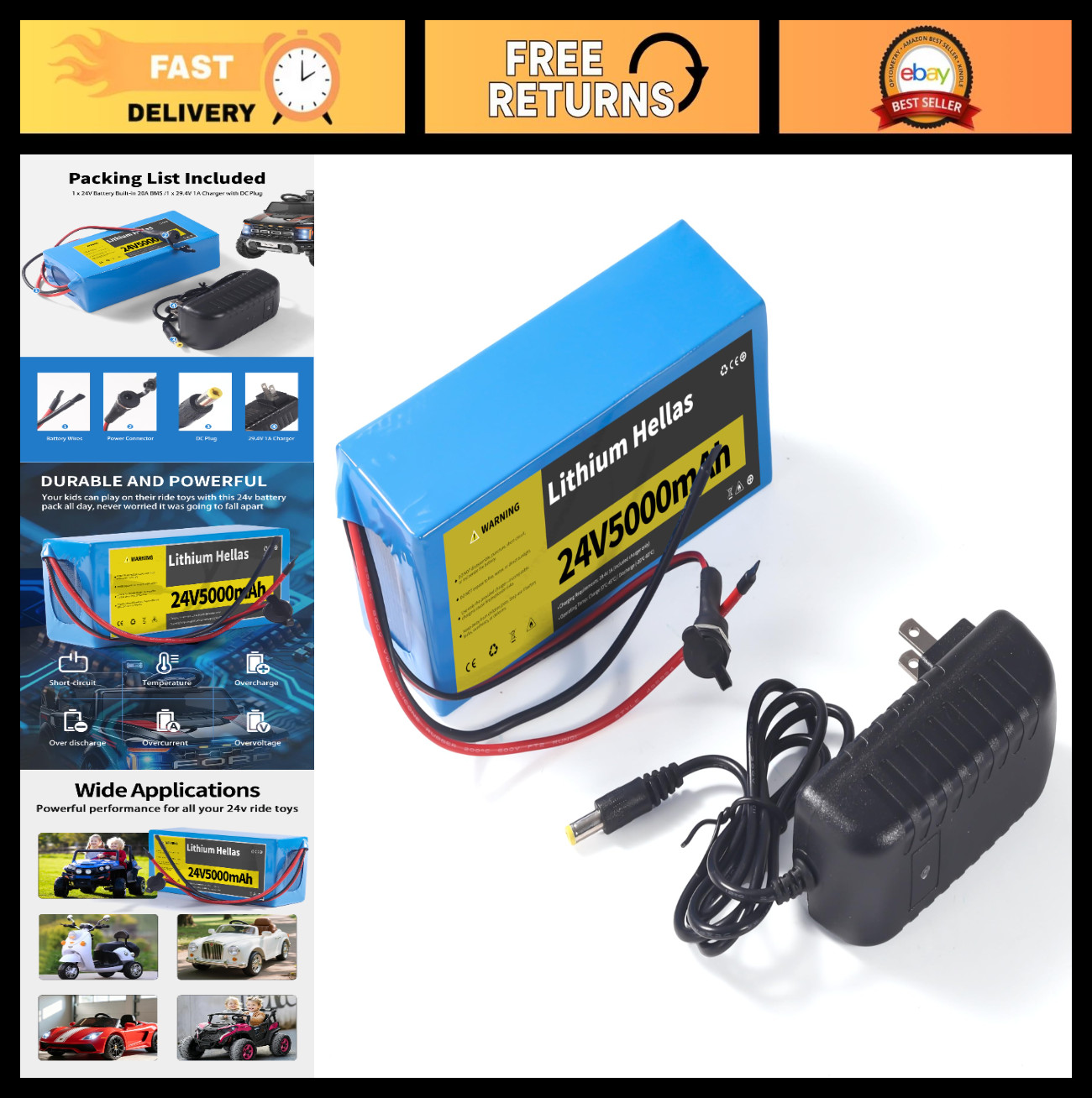 24V 5Ah Lithium Rechargeable Battery & 29.4V Charger for Ride-On Toys, DIY Proje