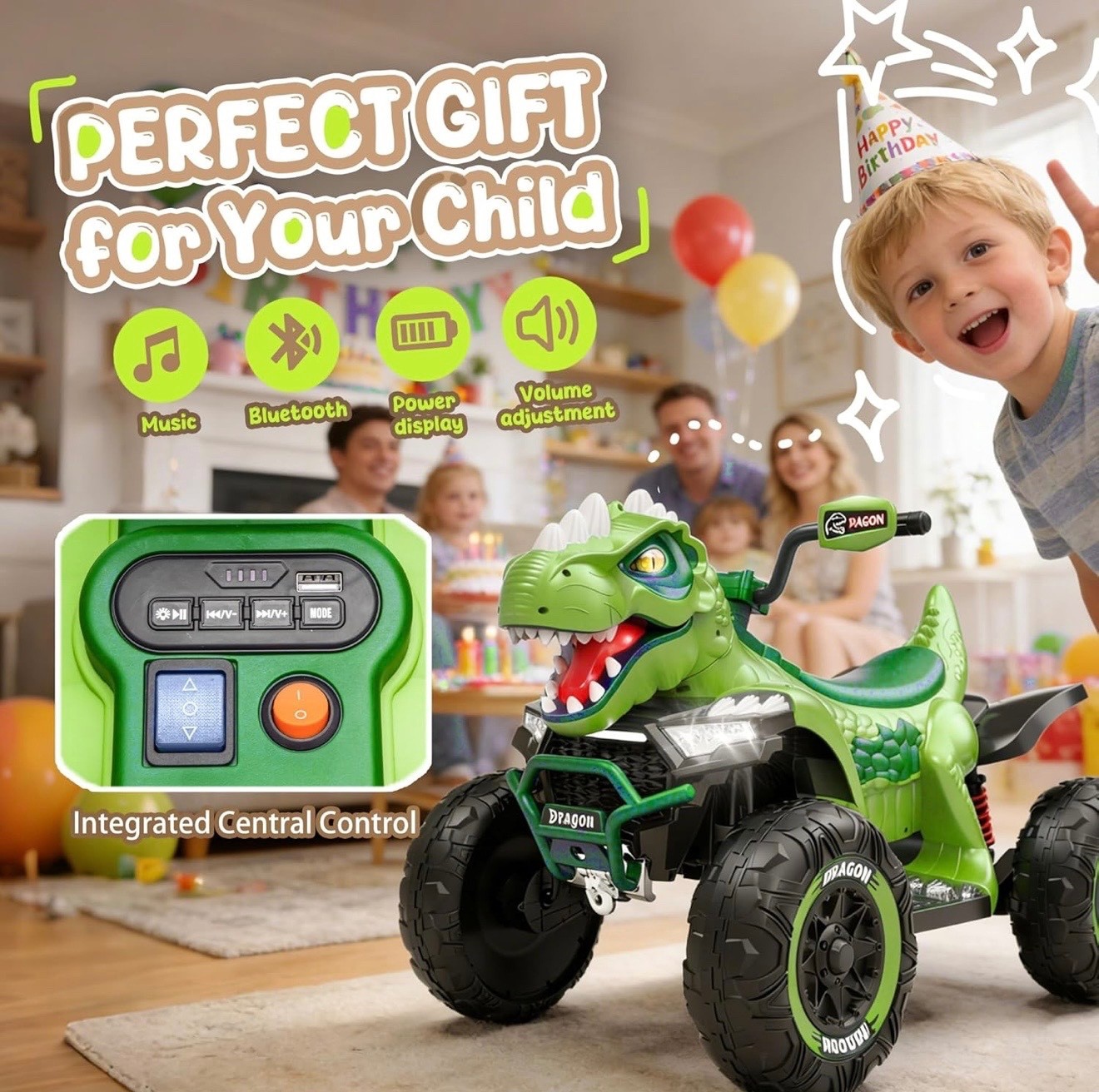 24V Dinosaur Ride On ATV for Kids, Electric 4 Big Wheel Car w/ MUSIC,BT and LED