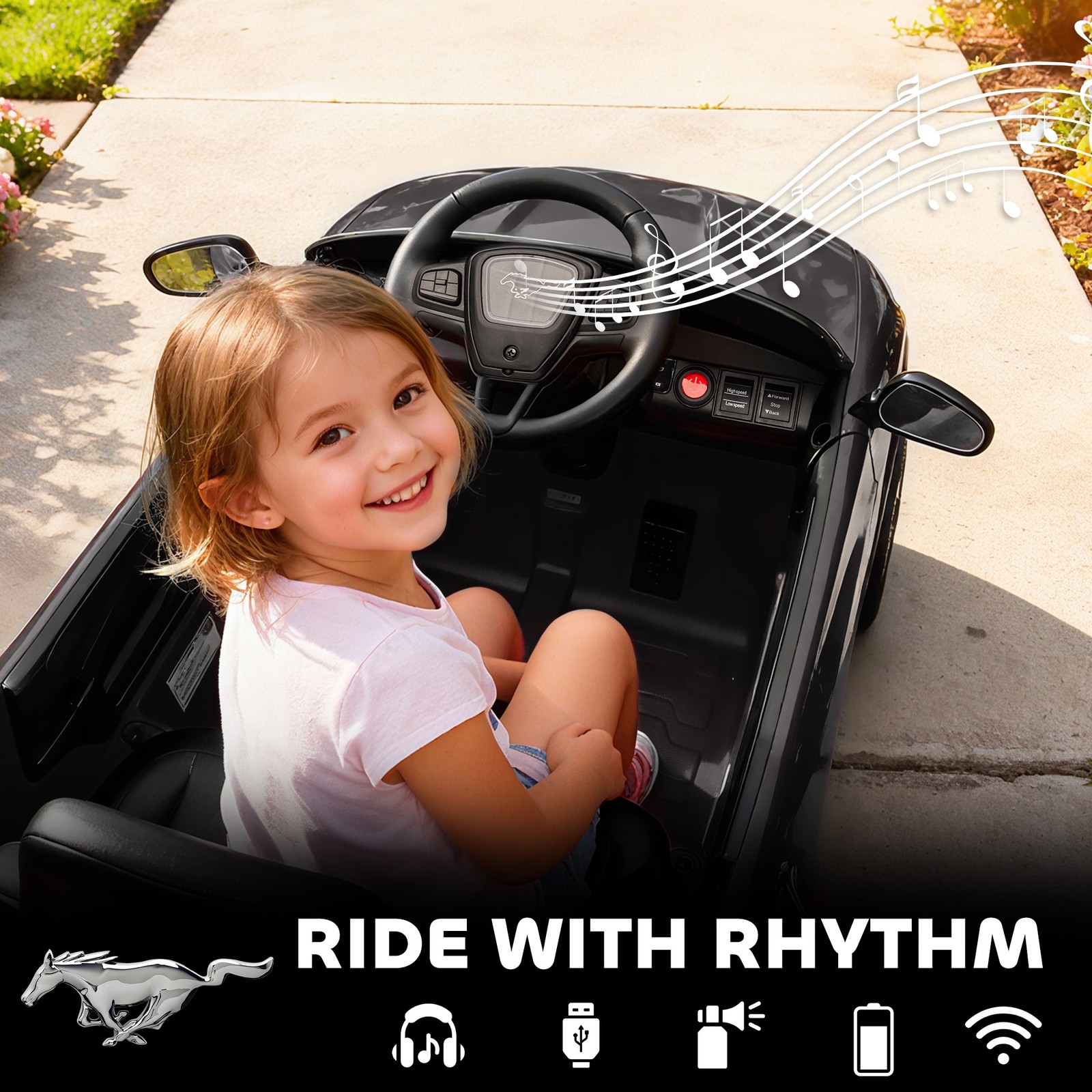 Qaba 12V Kids Ride On Car, Licensed Ford Mustang Mach-E Electric Car, Black