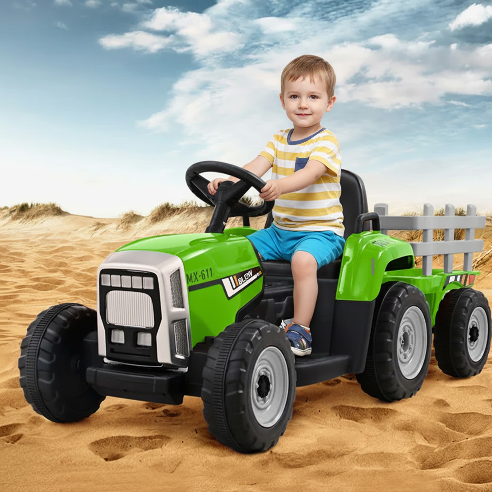 Kids Electric Toy Tractor with Trailer Battery-Powered 6-Wheels Vehicle For 3+