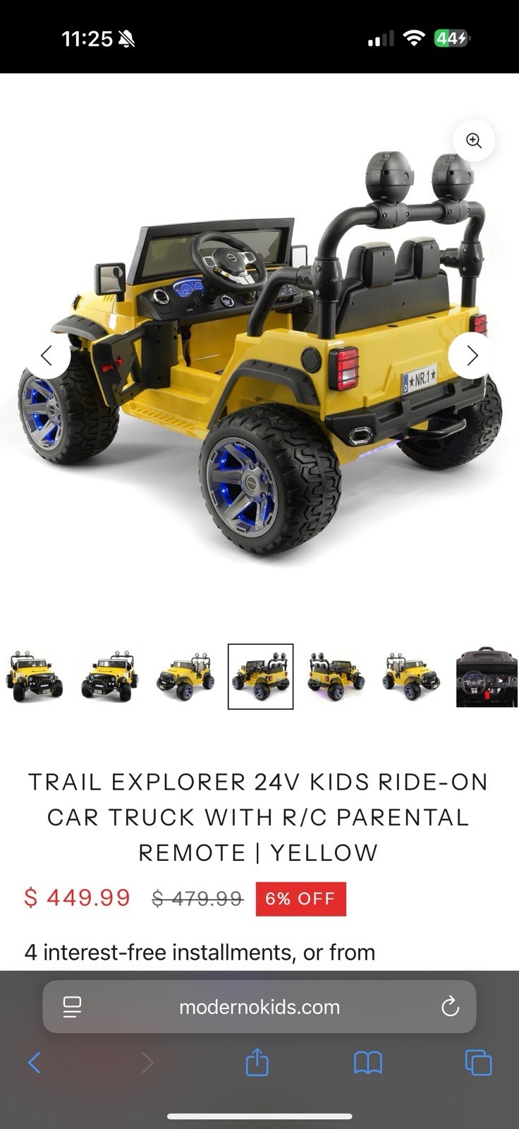 Moderno Kids Trail Explorer 24V Ride-On Truck w/ RC Remote Yellow
