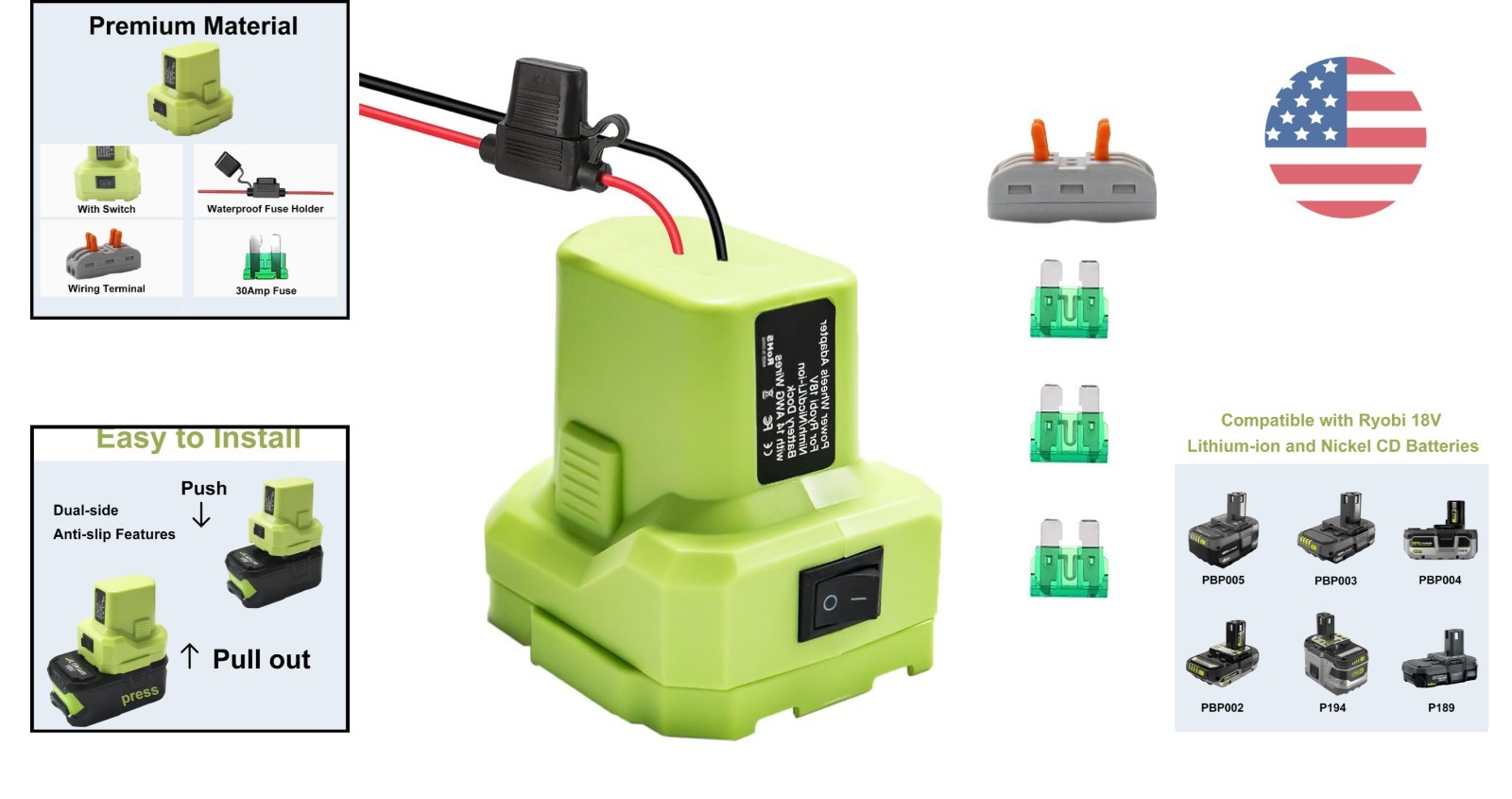 Power Wheels Battery Adapter for Ryobi 18V with 30A Fuse & Waterproof Design