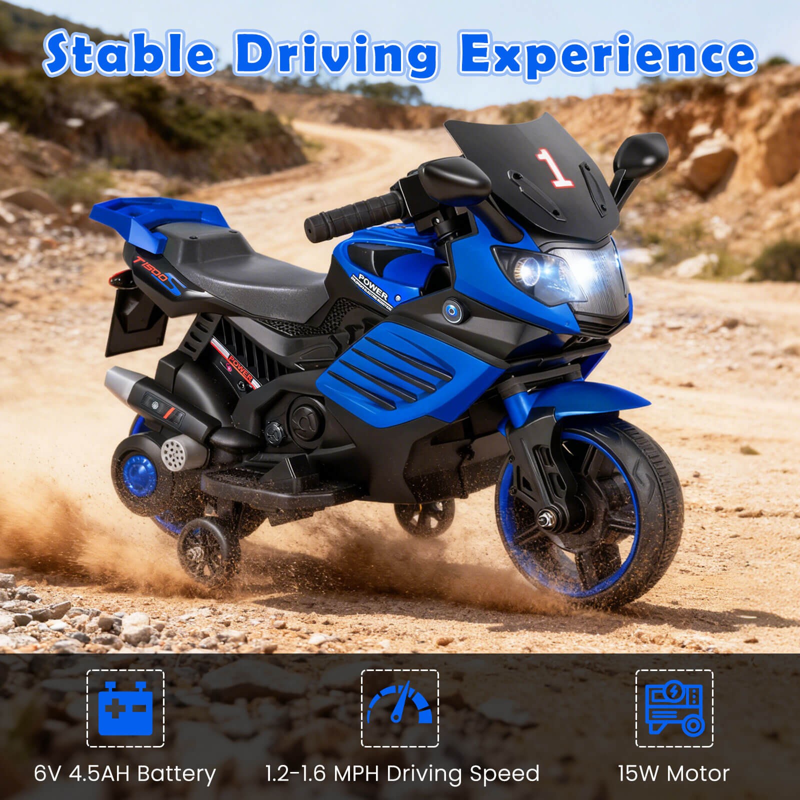 6V Kids Motorcycle w/Music, Horn, Detachable Training Wheels & LED Headlights