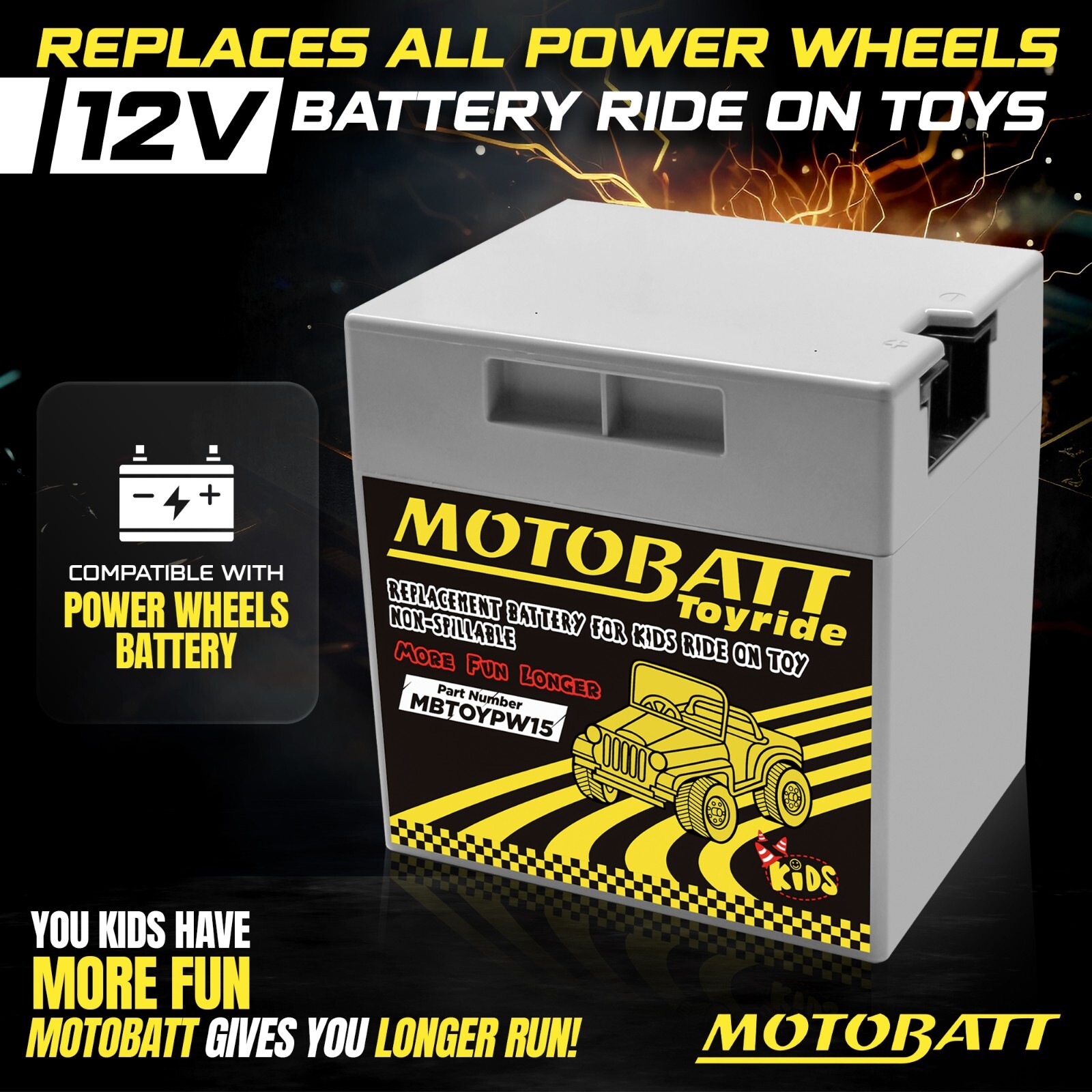 MotoBatt MBTOYPW15 Powerwheels Ride-On Toy Replacement Battery 12-Volt 15-Ah AGM