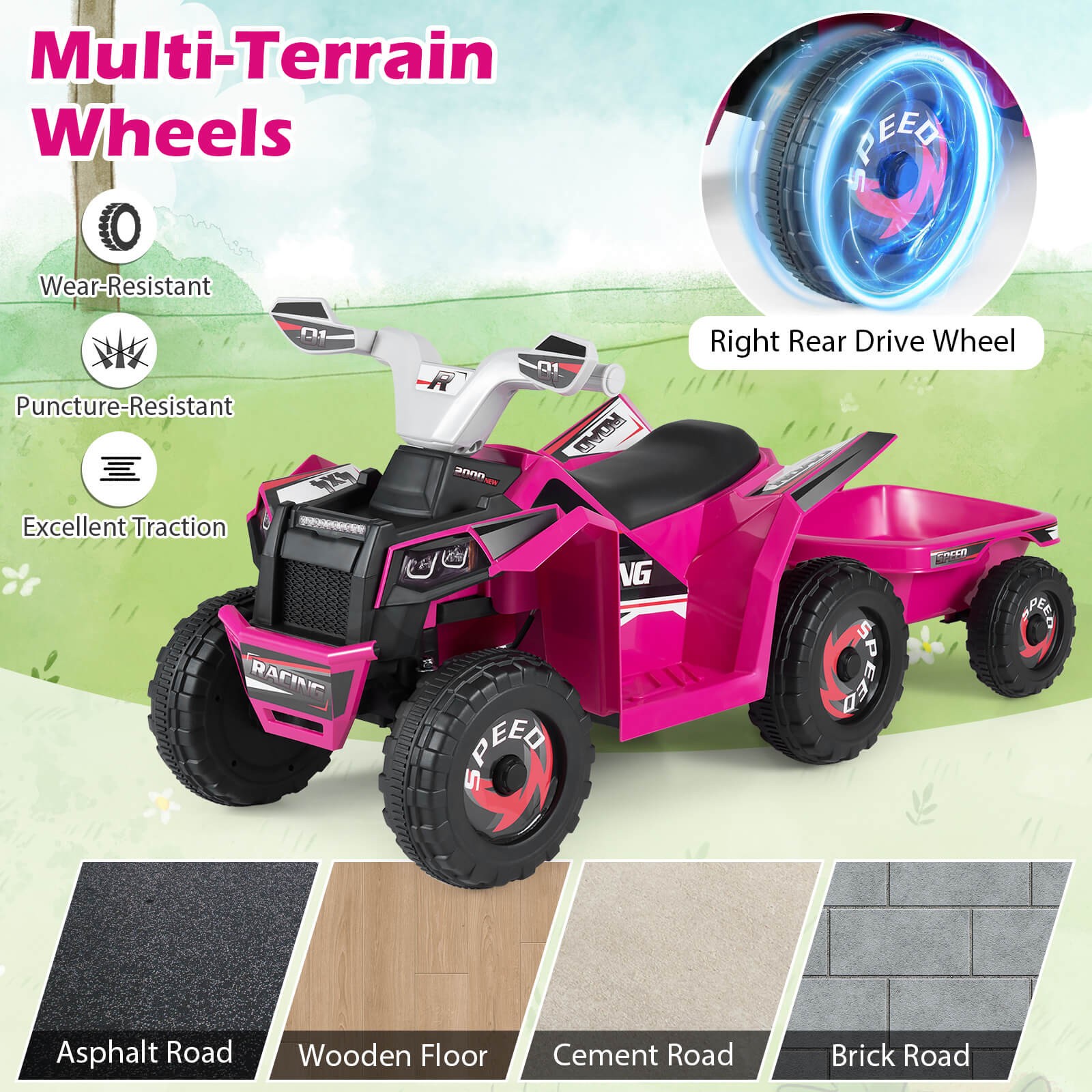 Kids Electric ATV Car, 6V Battery-Powered Ride on Toy w/Removable Back Trailer