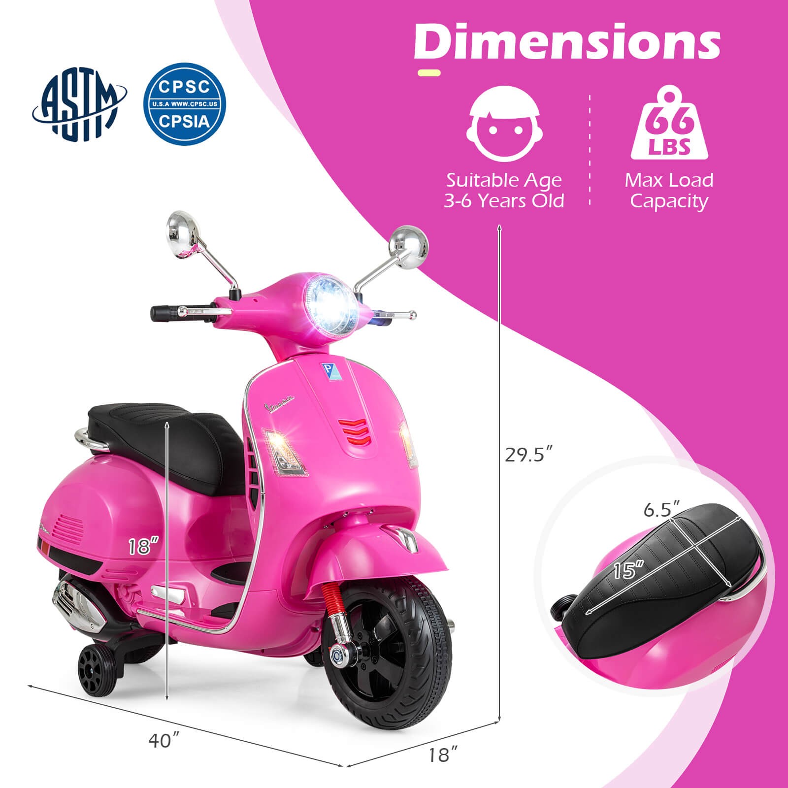 Licensed VESPA 12V Kids Electric Motorcycle w/Music Horn Story Training Wheels