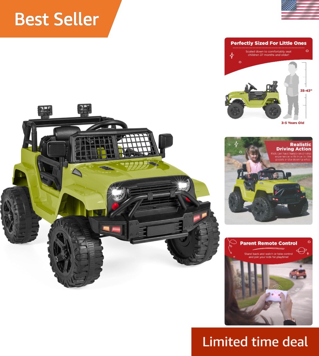 Durable 12V Kids Ride-On Car with Spring Suspension – Green Color, 3-8