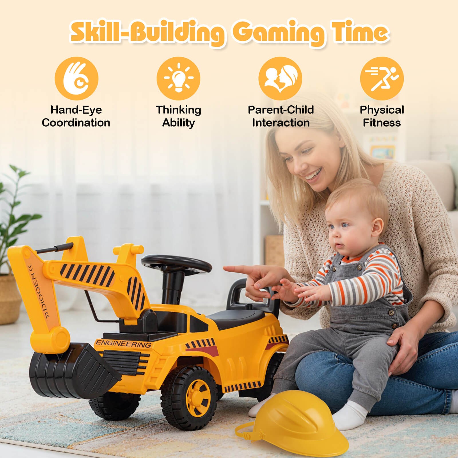 Kids Ride on Excavator with Adjustable Shovel Anti-Tipping Block Engine Sound