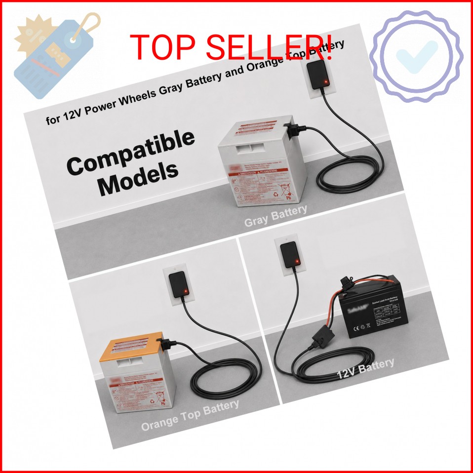 for Power Wheels 12 Volt Battery Charger, 6.6ft Cord with Dual-Color Indicator L