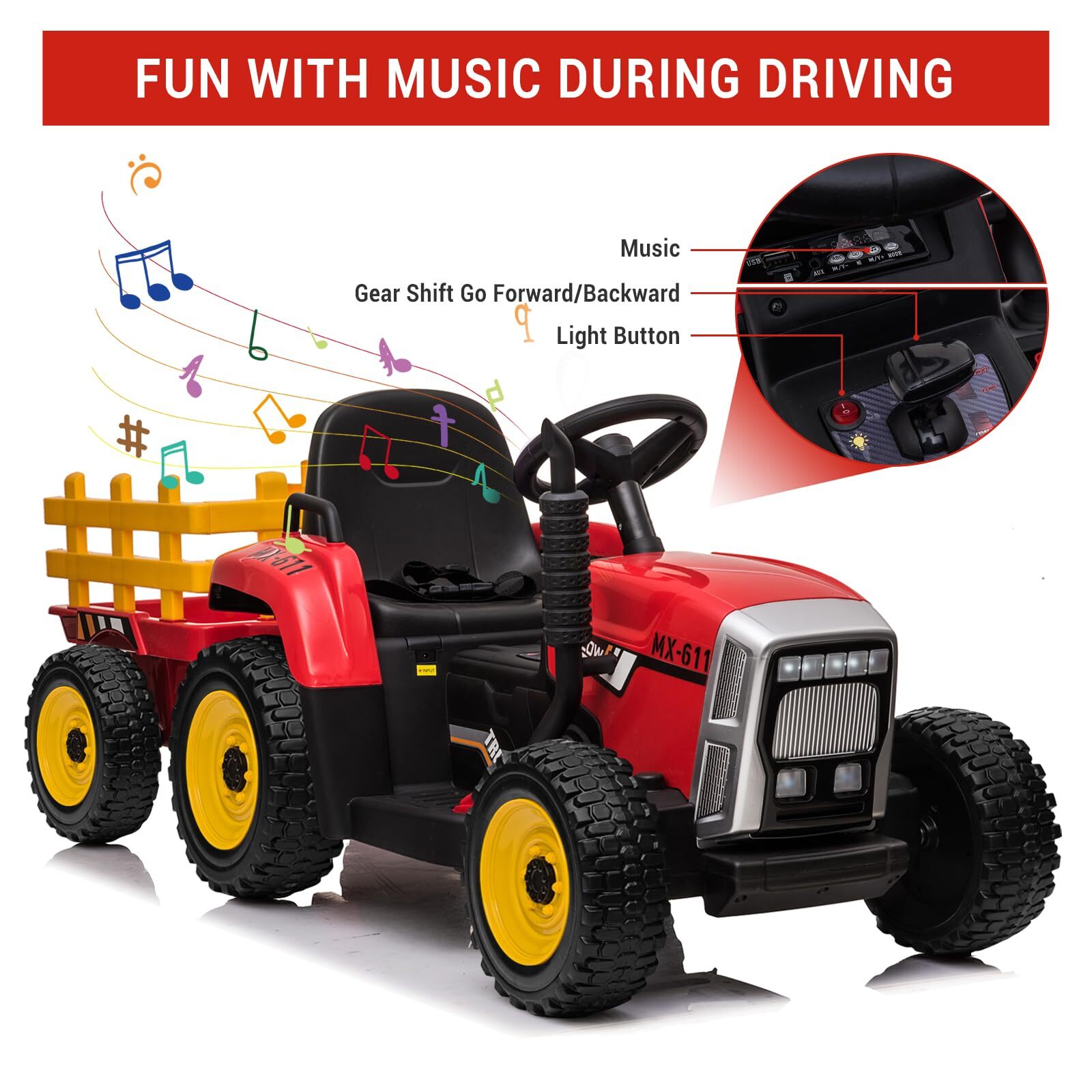 Kids Electric Ride on Tractor with Trailer 12V Battery Powered Car Toy w/ Remote