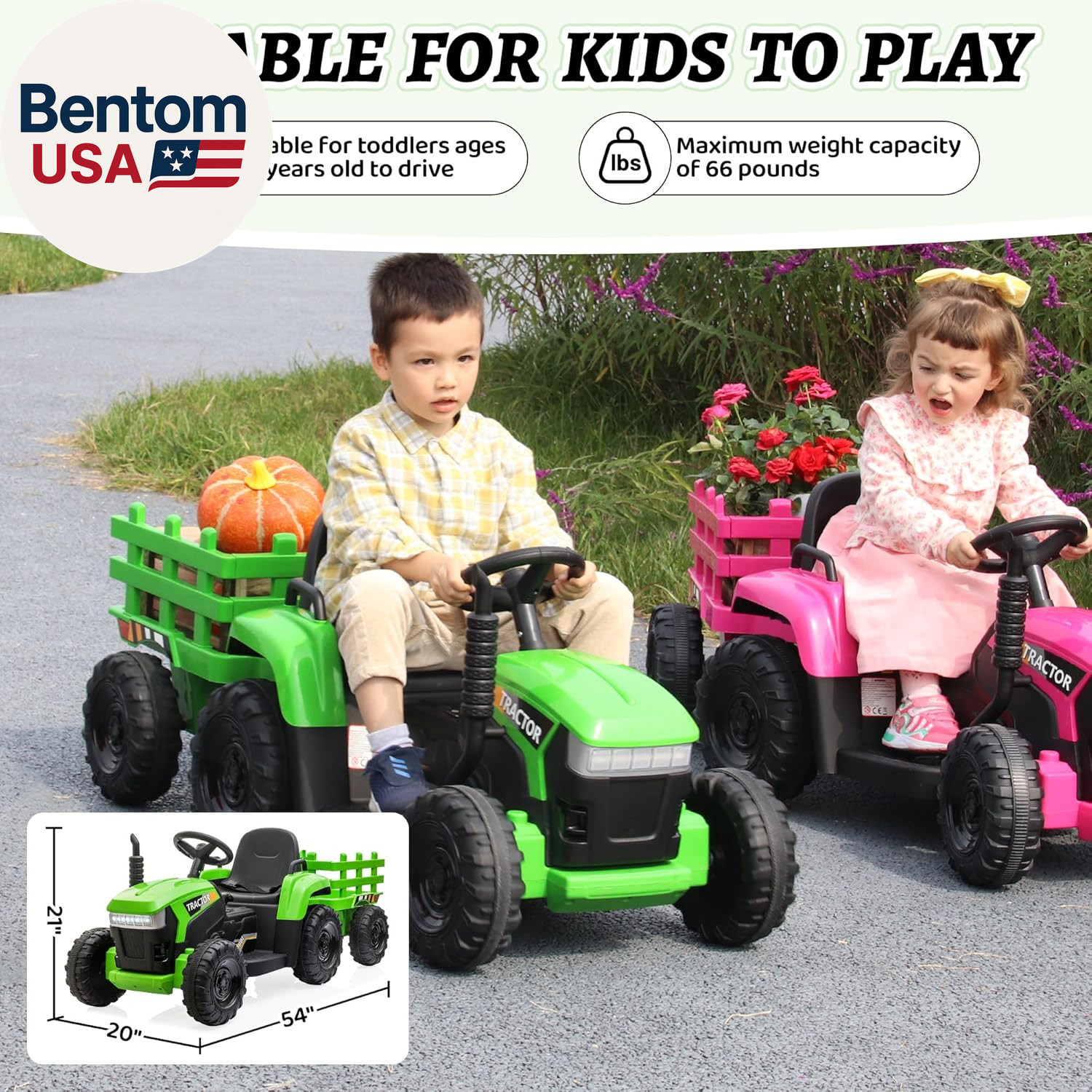 Kids Electric Ride on Toy Tractor, 12V Battery-Powered 4 Wheels Ride on Car with
