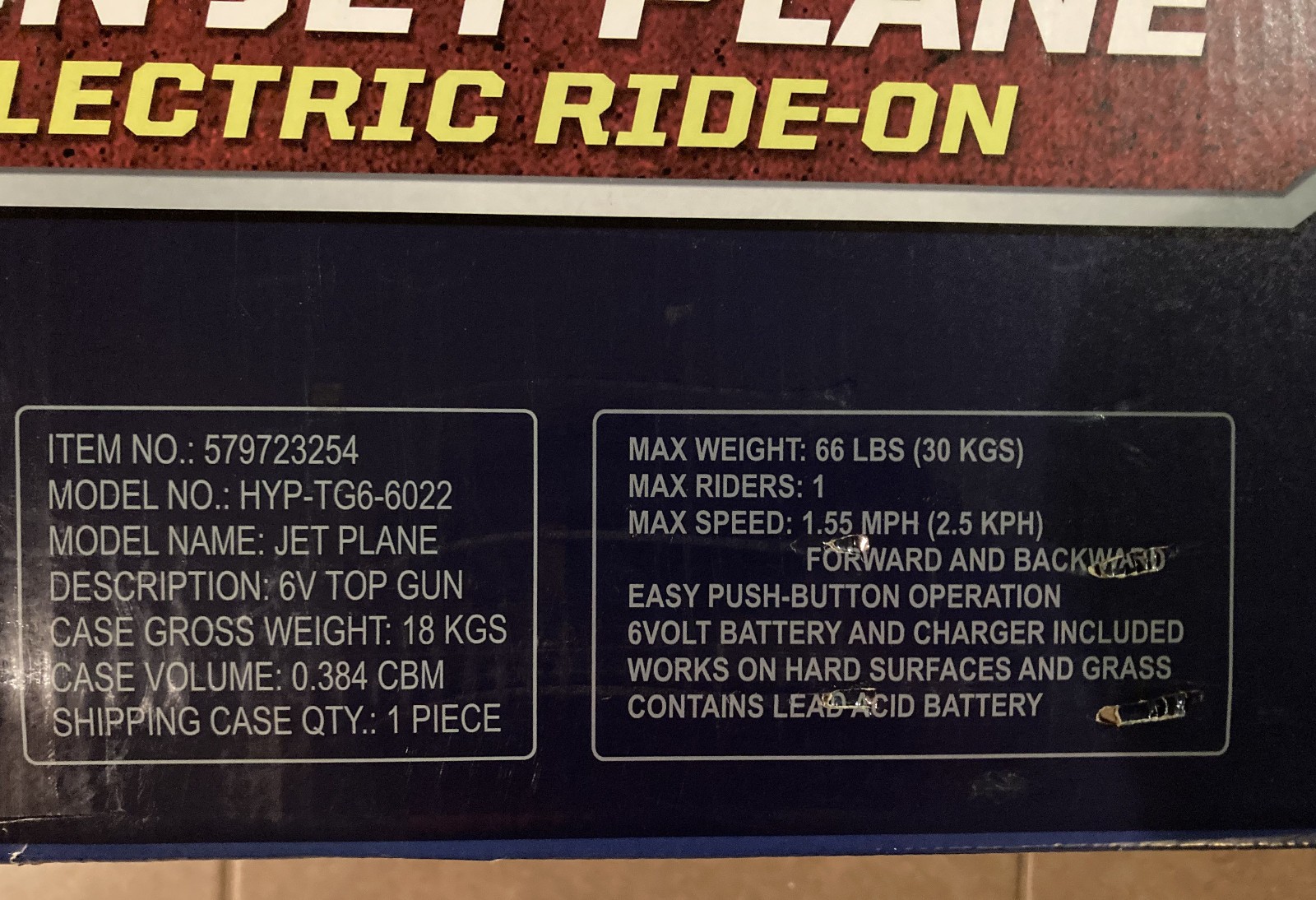 Top Gun Jet Plane 6 Volt Battery Maverick Electric RideOn Hyper Toy HYP-TG6-6022