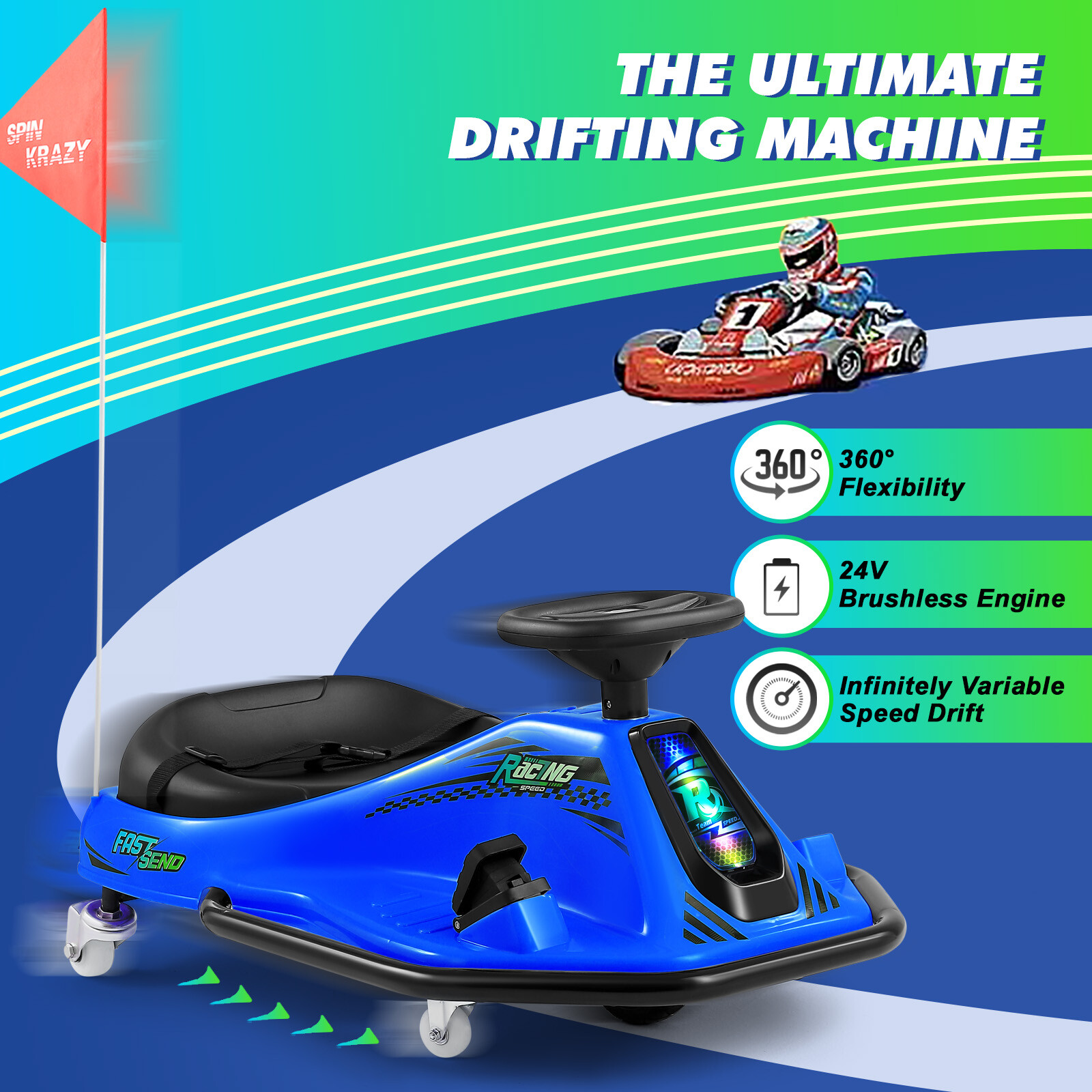 360° 24V Kids Electric Drifting Go Kart Ride On Cart with Bluetooth (Blue)